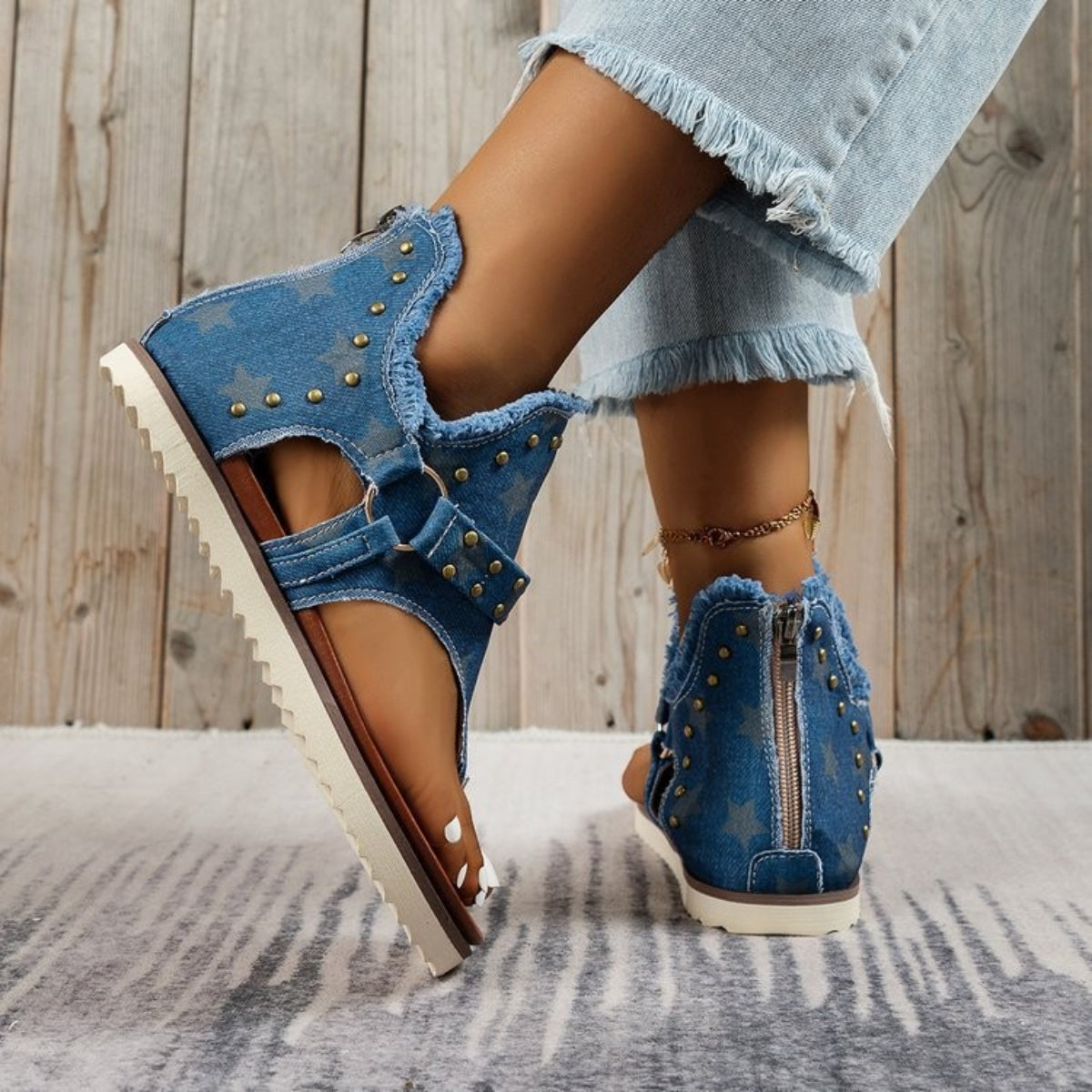 Jordan Studded Raw Hem Flat Sandals