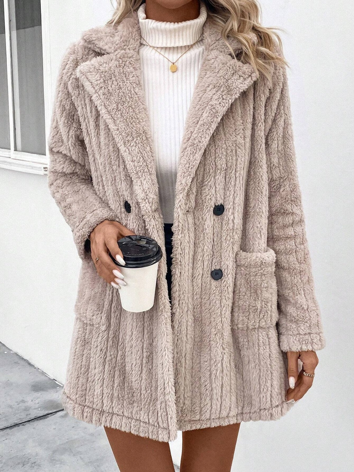 Calista Fuzzy Button Up Long Sleeve Coat with Pockets