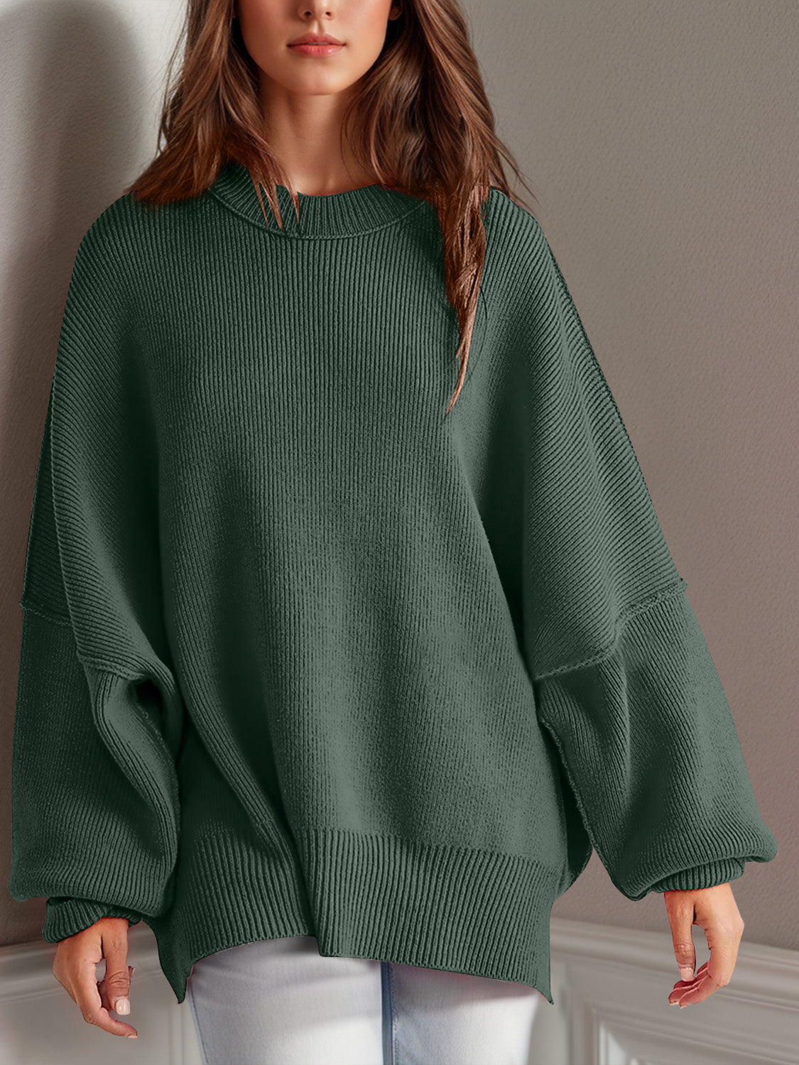 Emerson Double Take Side Slit Round Neck Long Sleeve Sweater