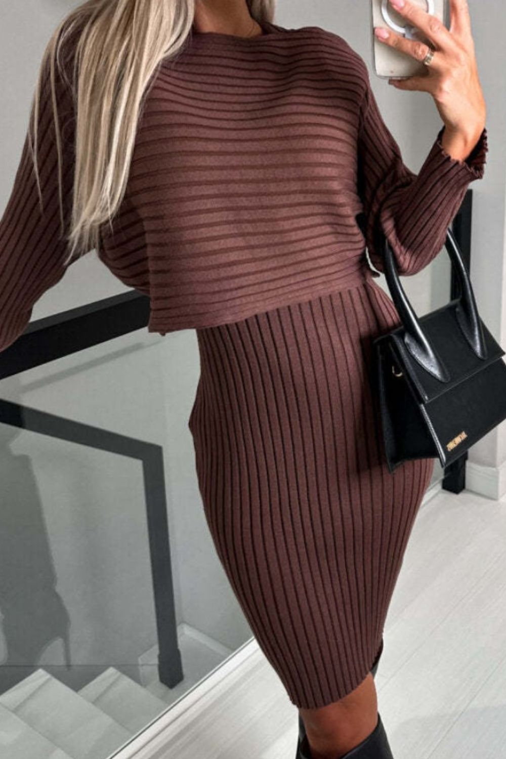 Wrapped Up Cozy Ribbed Round Neck Top and Cami Dress Sweater Set