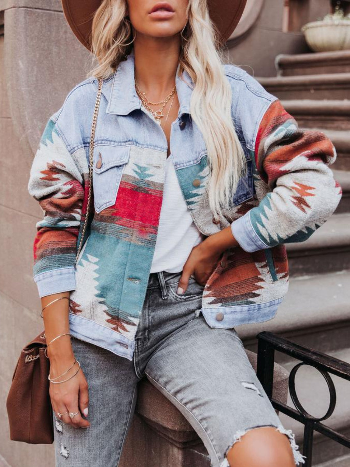 Tillie Geometric Button Up Long Sleeve Denim Jacket