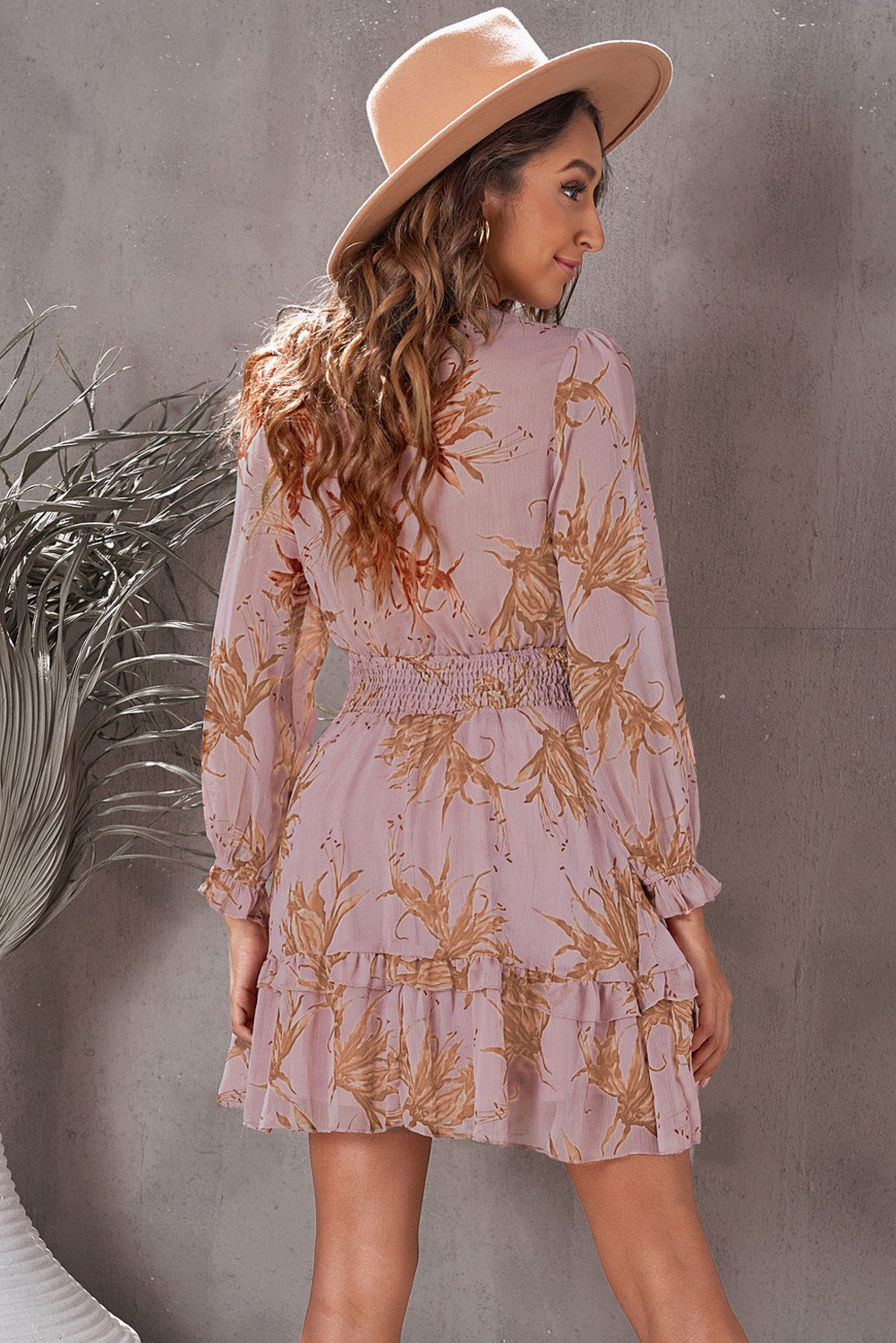 "Pauline" Floral Deep V Flounce Sleeve Mini Dress