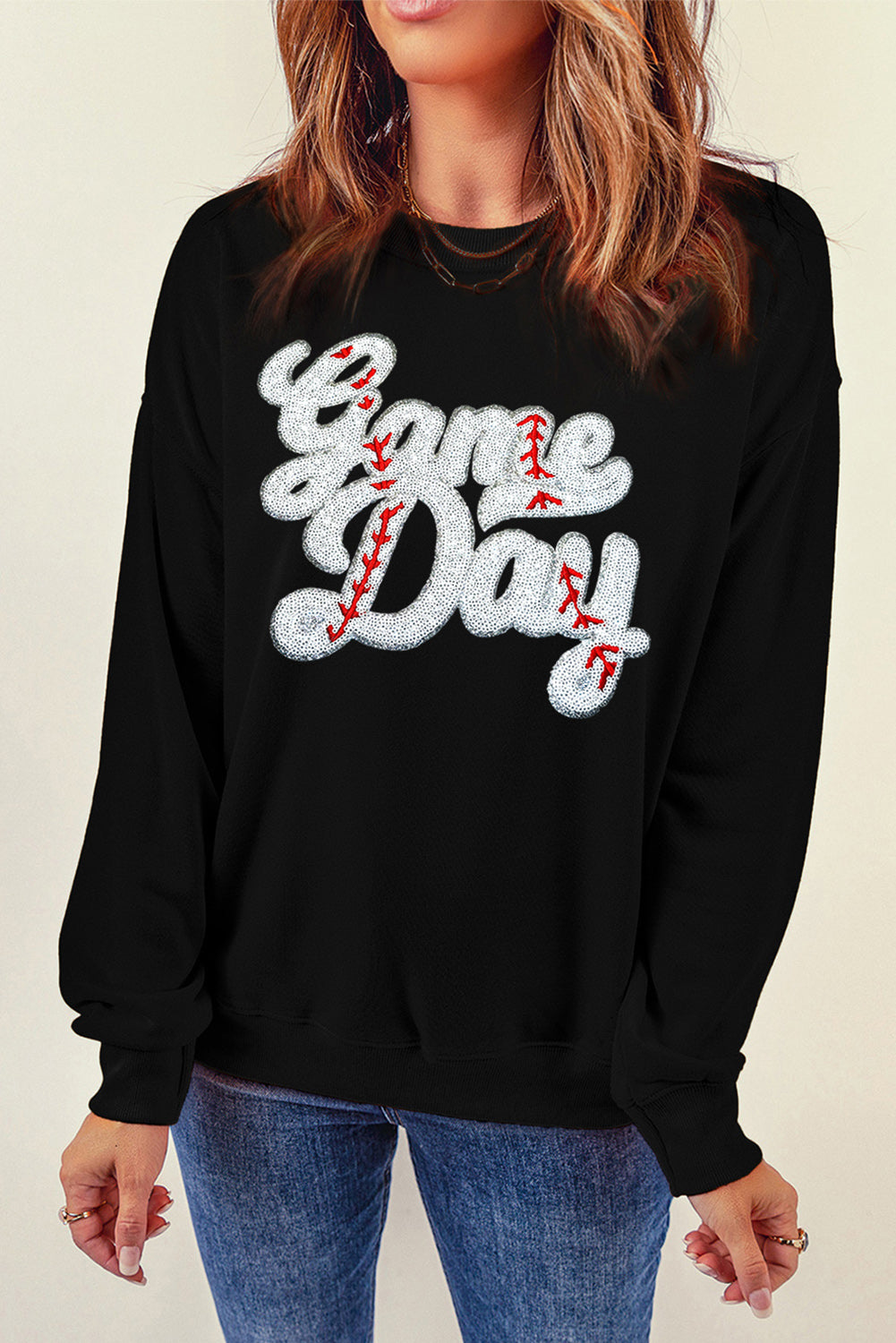 Take me to the Ball Game! Letter Graphic Round Neck Long Sleeve Sweatshirt