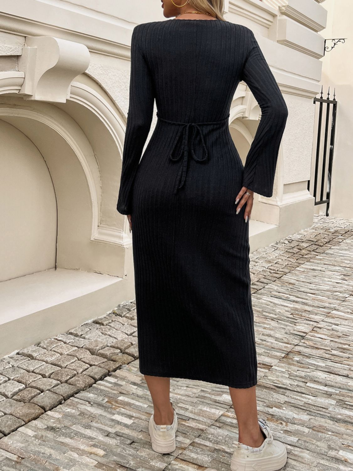Ellie Tied V-Neck Long Sleeve Sweater Dress