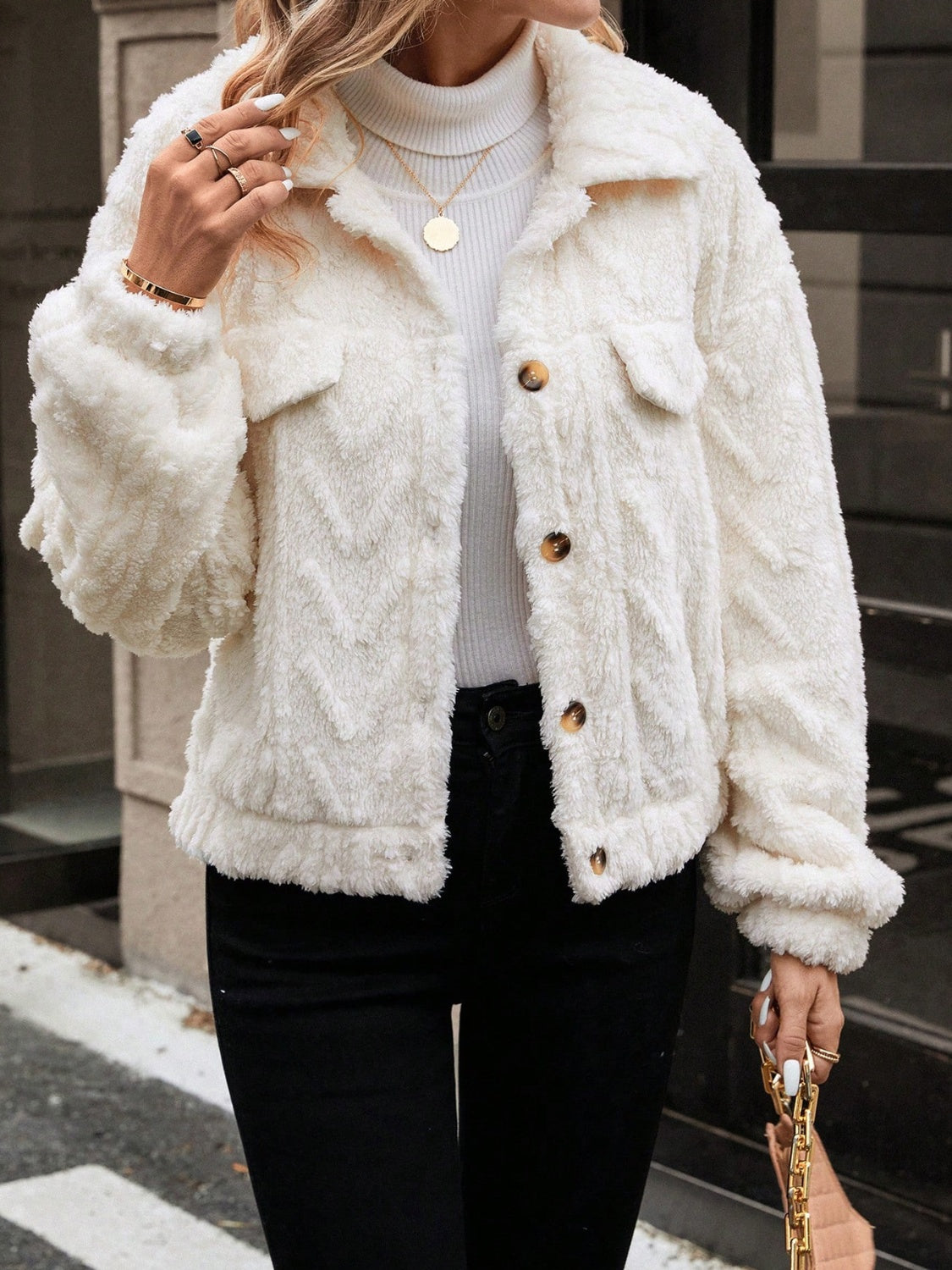 Avelina Button Up Long Sleeve Fuzzy Outerwear