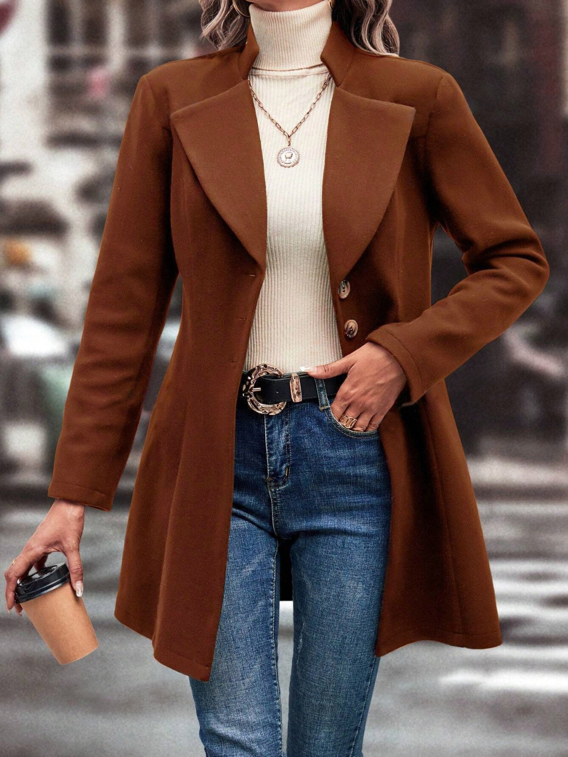 Deanne Collared Neck Long Sleeve Longline Coat