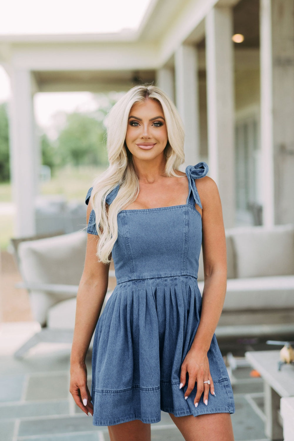 Tori Square Neck Tie Shoulder Denim Dress