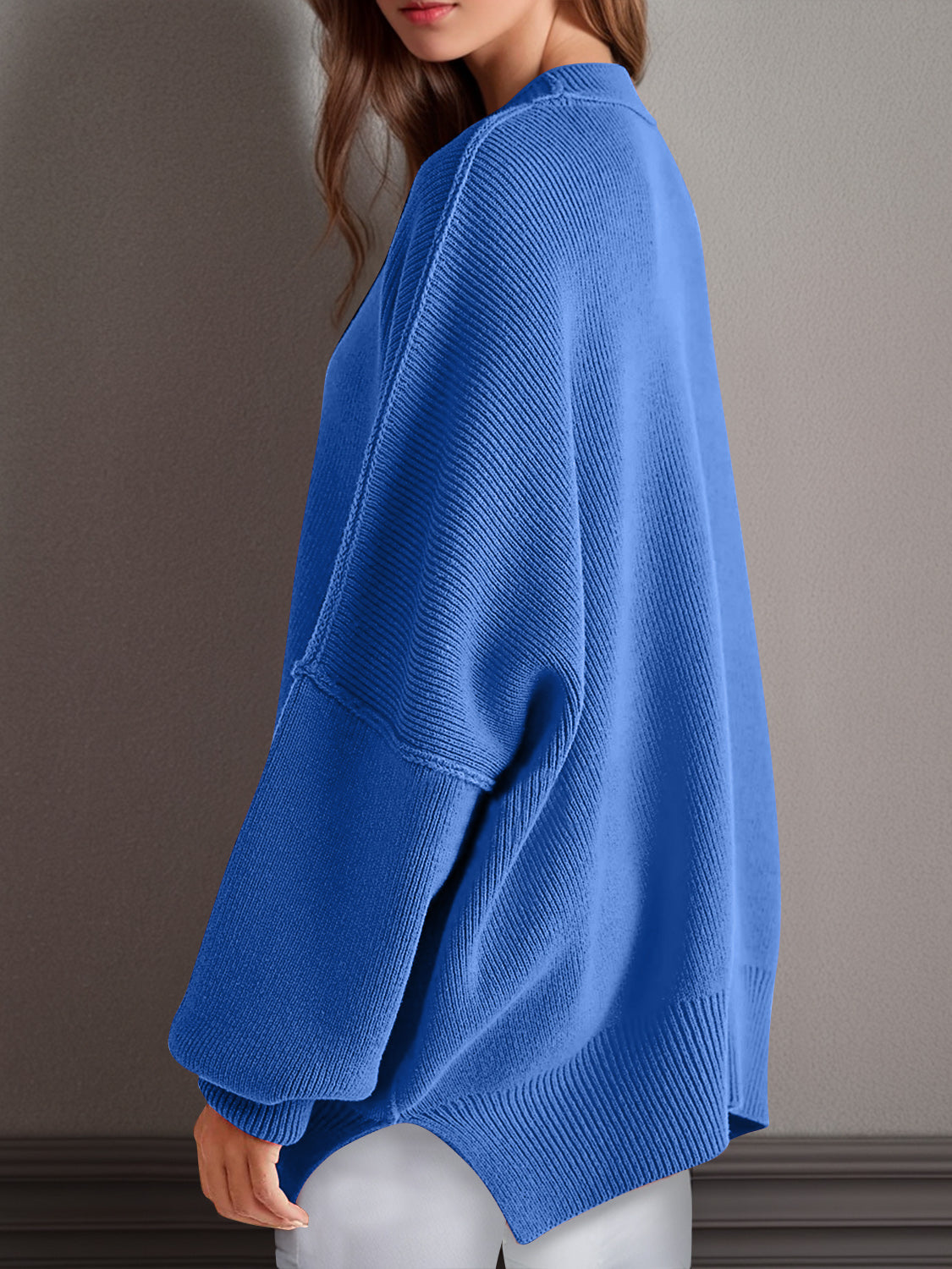 Emerson Double Take Side Slit Round Neck Long Sleeve Sweater