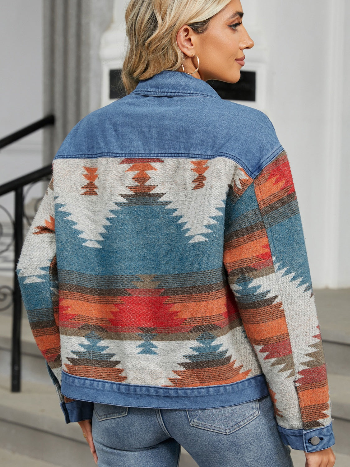 Sable Geometric Button Up Long Sleeve Denim Jacket