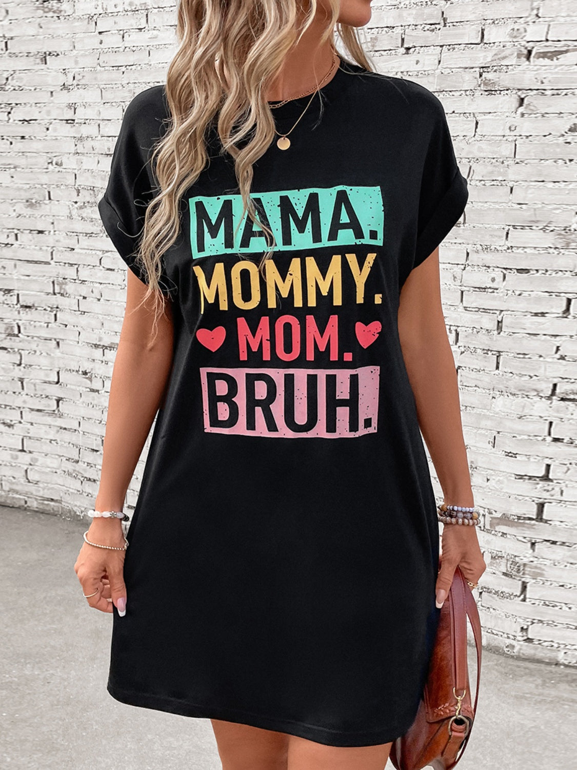 Mama, Mommy, Bruh! Letter Graphic Short Sleeve Mini Tee Dress