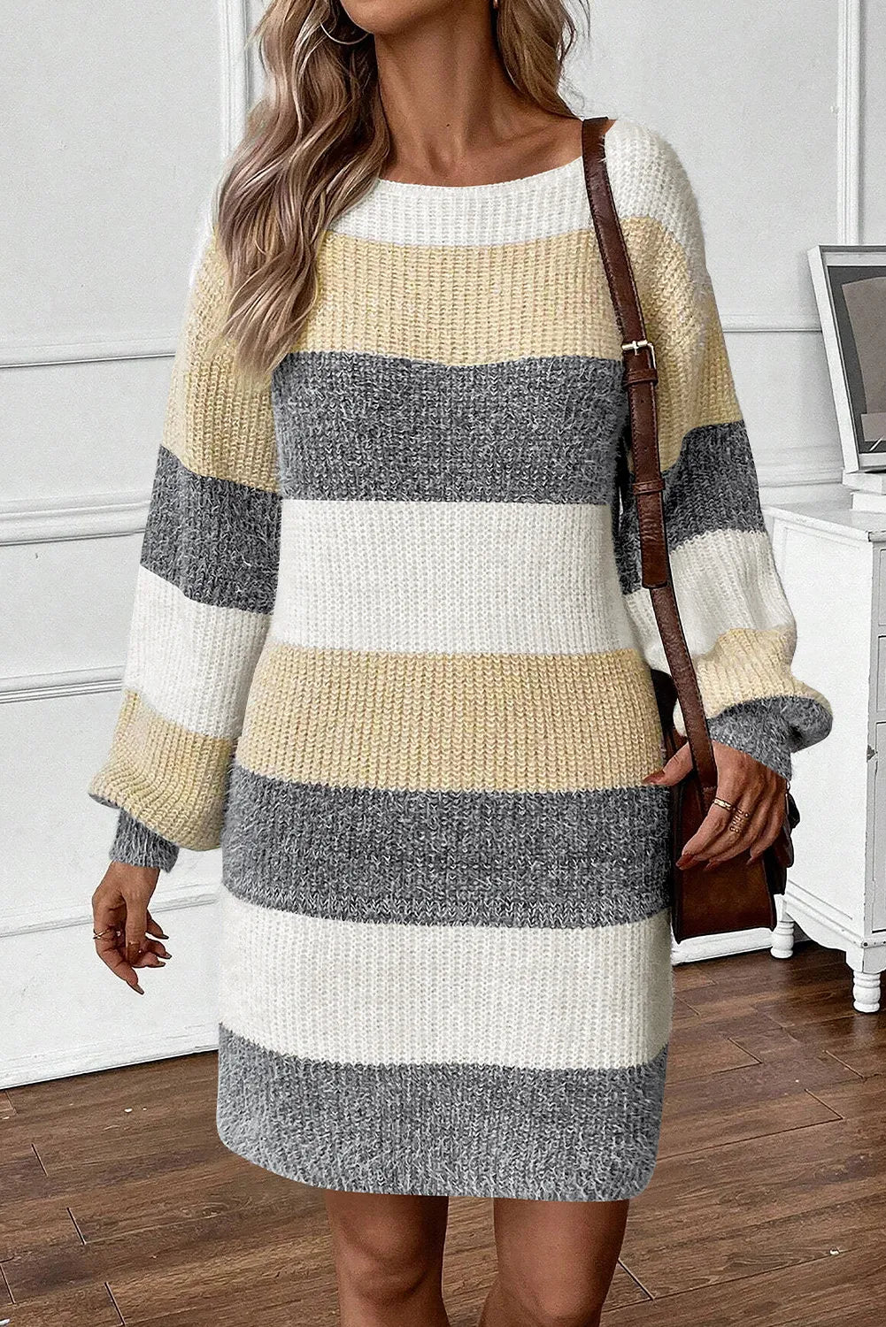 Justine Color Block Boat Neck Long Sleeve Sweater Dress