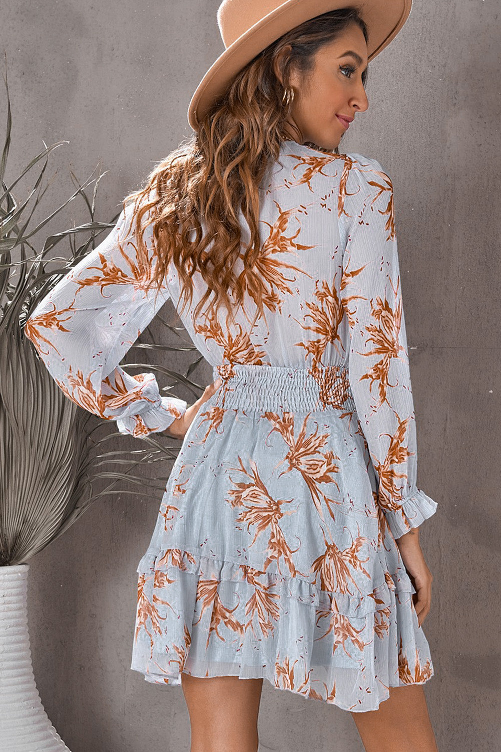 "Pauline" Floral Deep V Flounce Sleeve Mini Dress