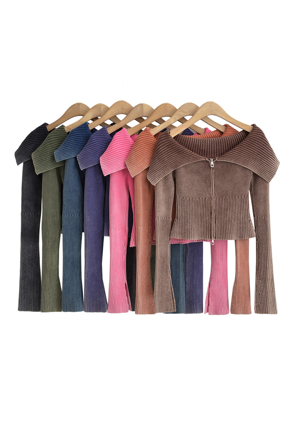 Oh Baby! Double Take Ribbed Off-Shoulder Zip Up Long Sleeve Cardigan