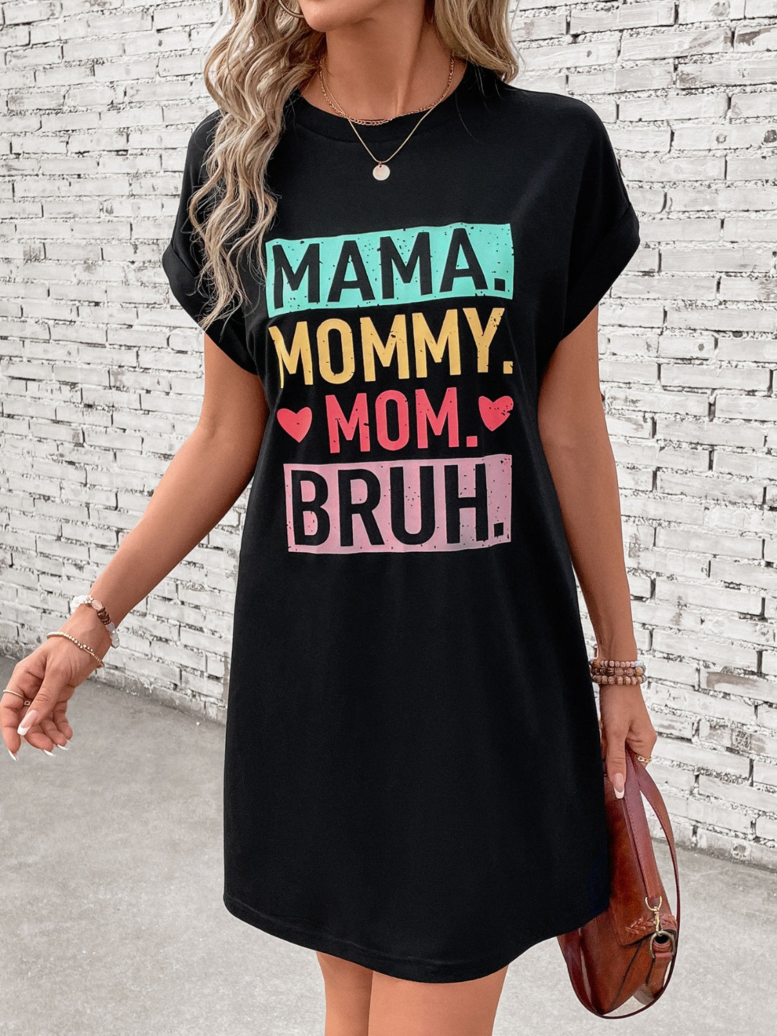Mama, Mommy, Bruh! Letter Graphic Short Sleeve Mini Tee Dress