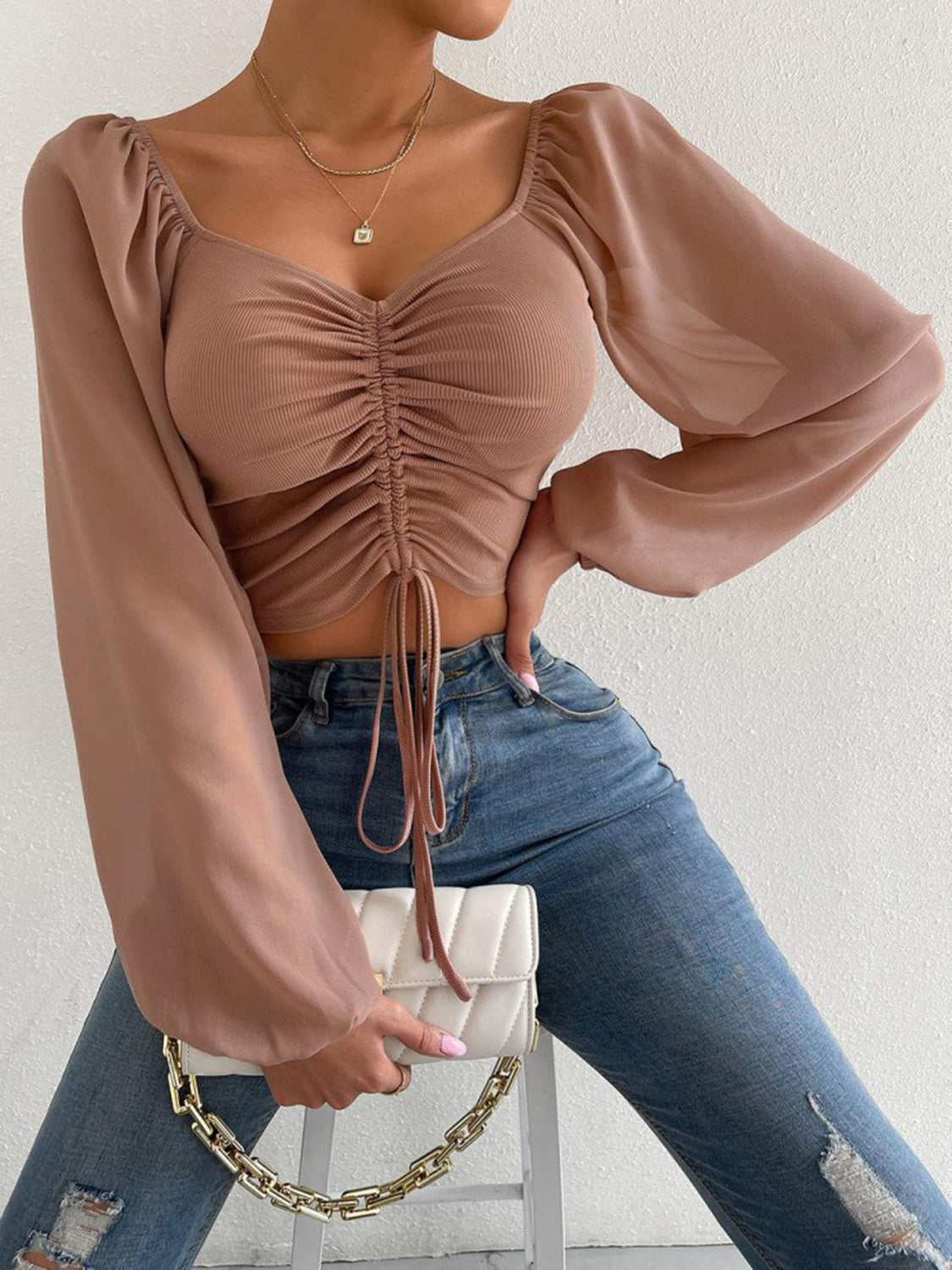 Amanda Drawstring Sweetheart Neck Cropped Top
