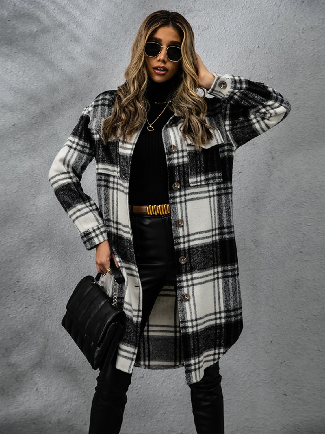 Lana Plaid Collared Neck Long Sleeve Coat