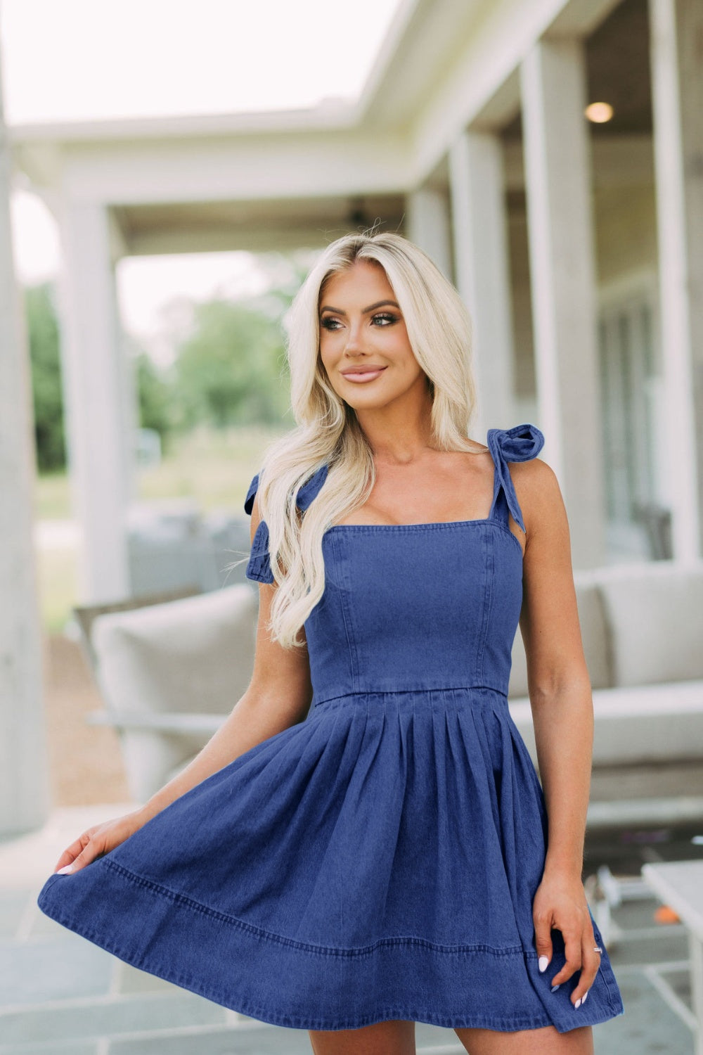 Tori Square Neck Tie Shoulder Denim Dress