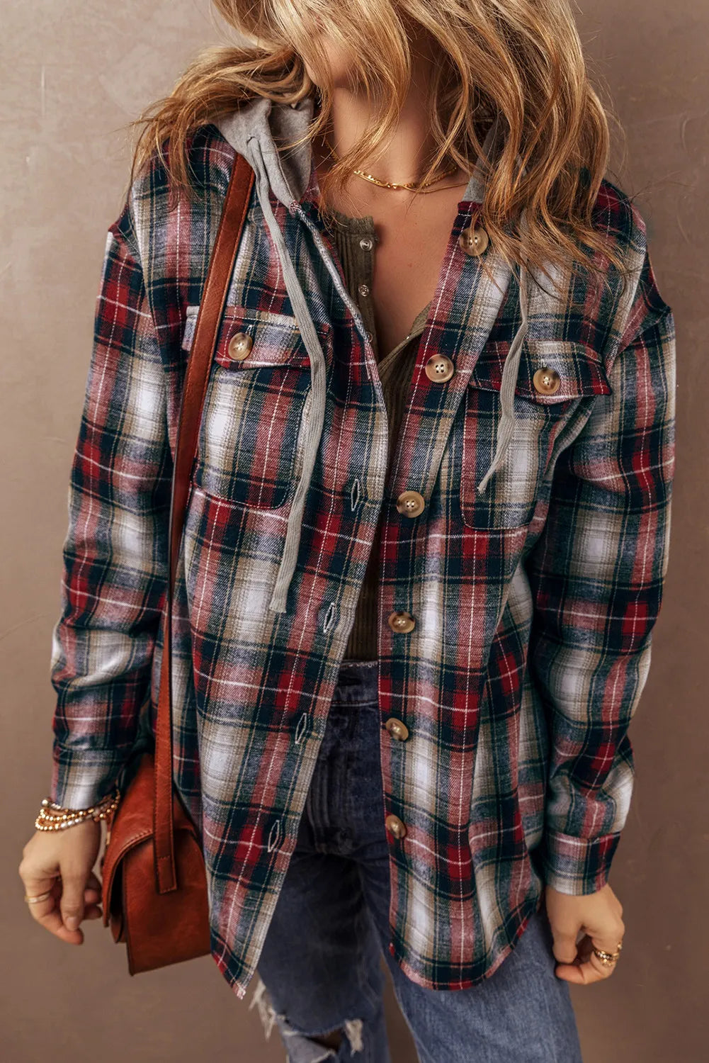 Cienna Drawstring Plaid Button Up Hooded Shacket