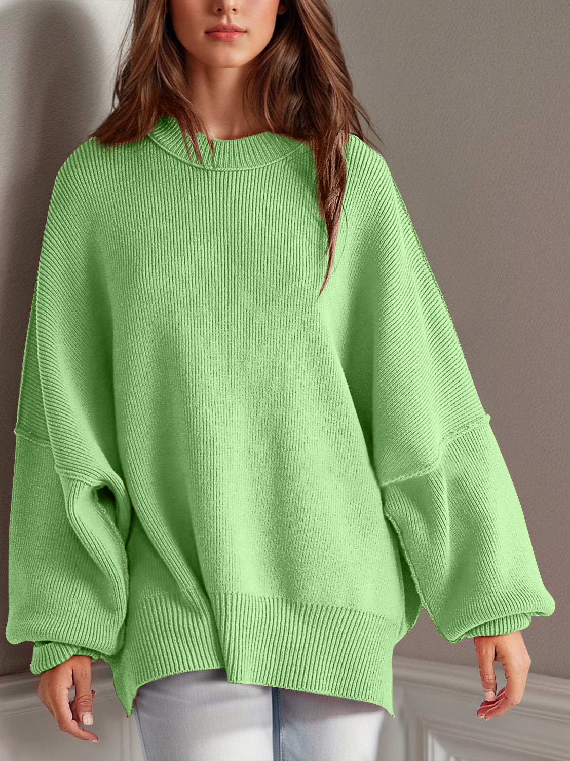 Emerson Double Take Side Slit Round Neck Long Sleeve Sweater