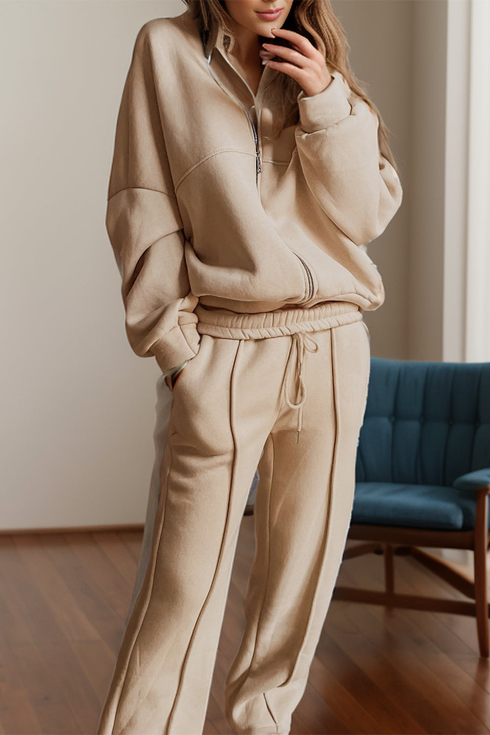 Luxe-Layer Zip Up Long Sleeve Top and Pants Set