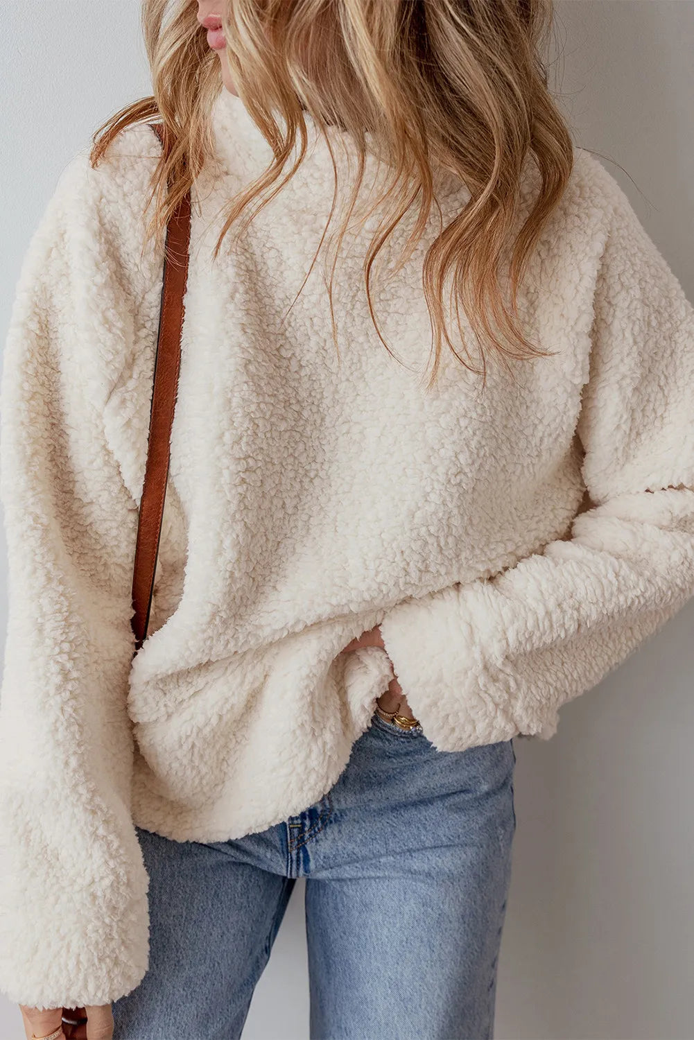 Cozy Classic Turtleneck Long Sleeve Slit Fleece Sweatshirt