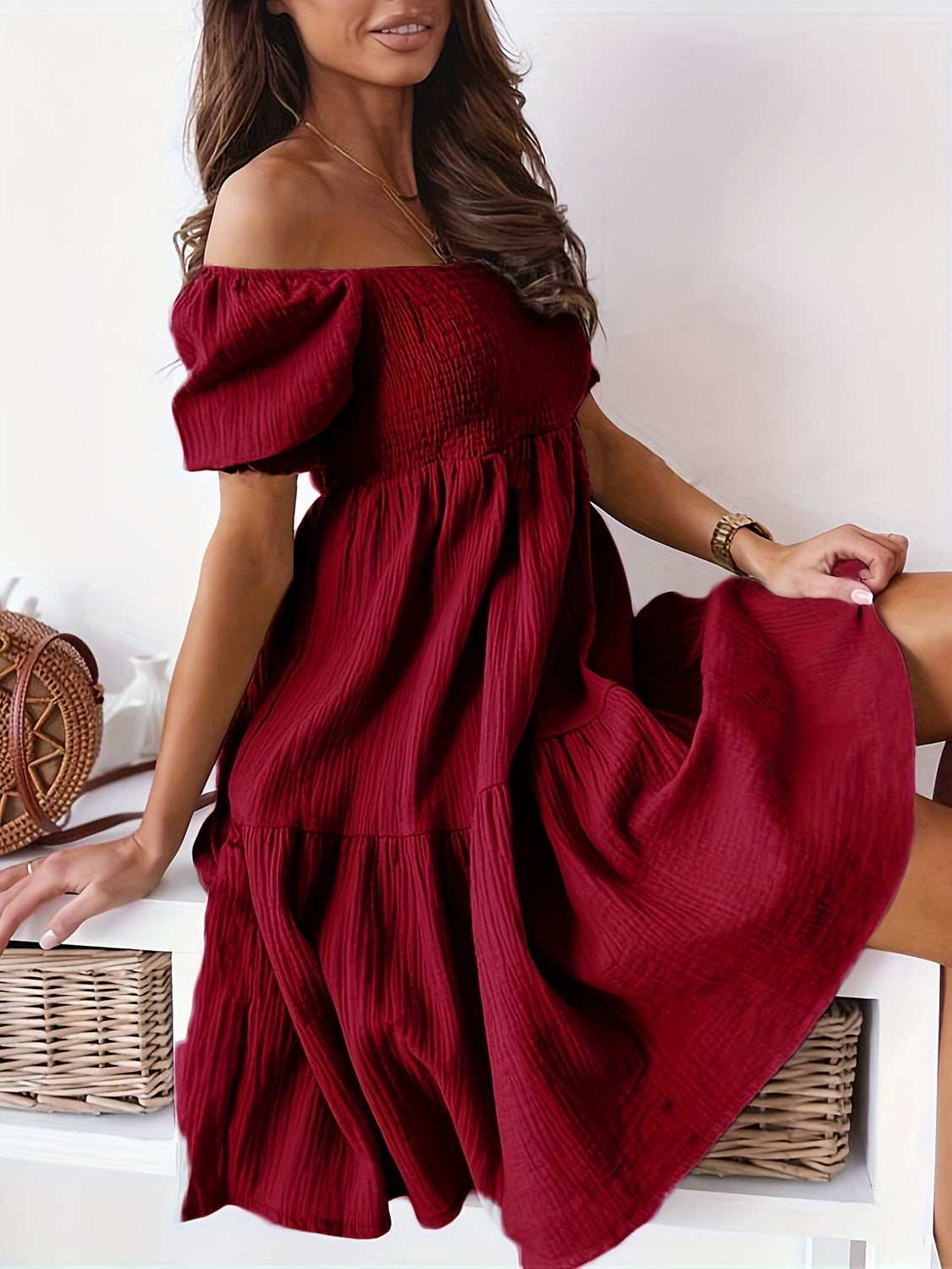 "Candance" Ruffled Off-Shoulder Short Sleeve Dress