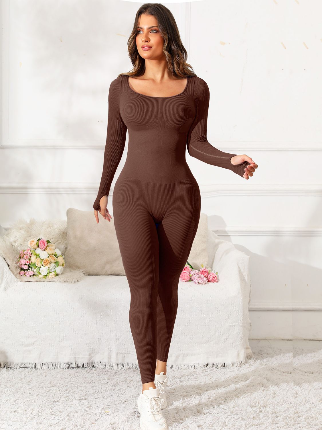Oanez Scoop Neck Long Sleeve Active Jumpsuit