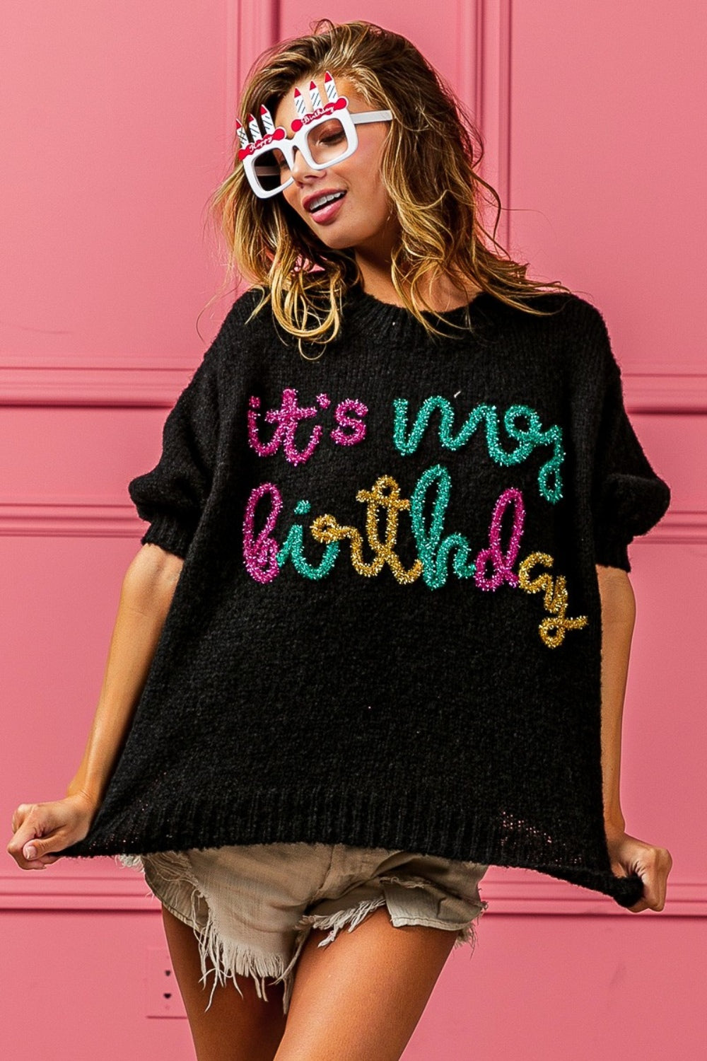 Darcy Metallic Letter Puff Sleeve Hairy Sweater
