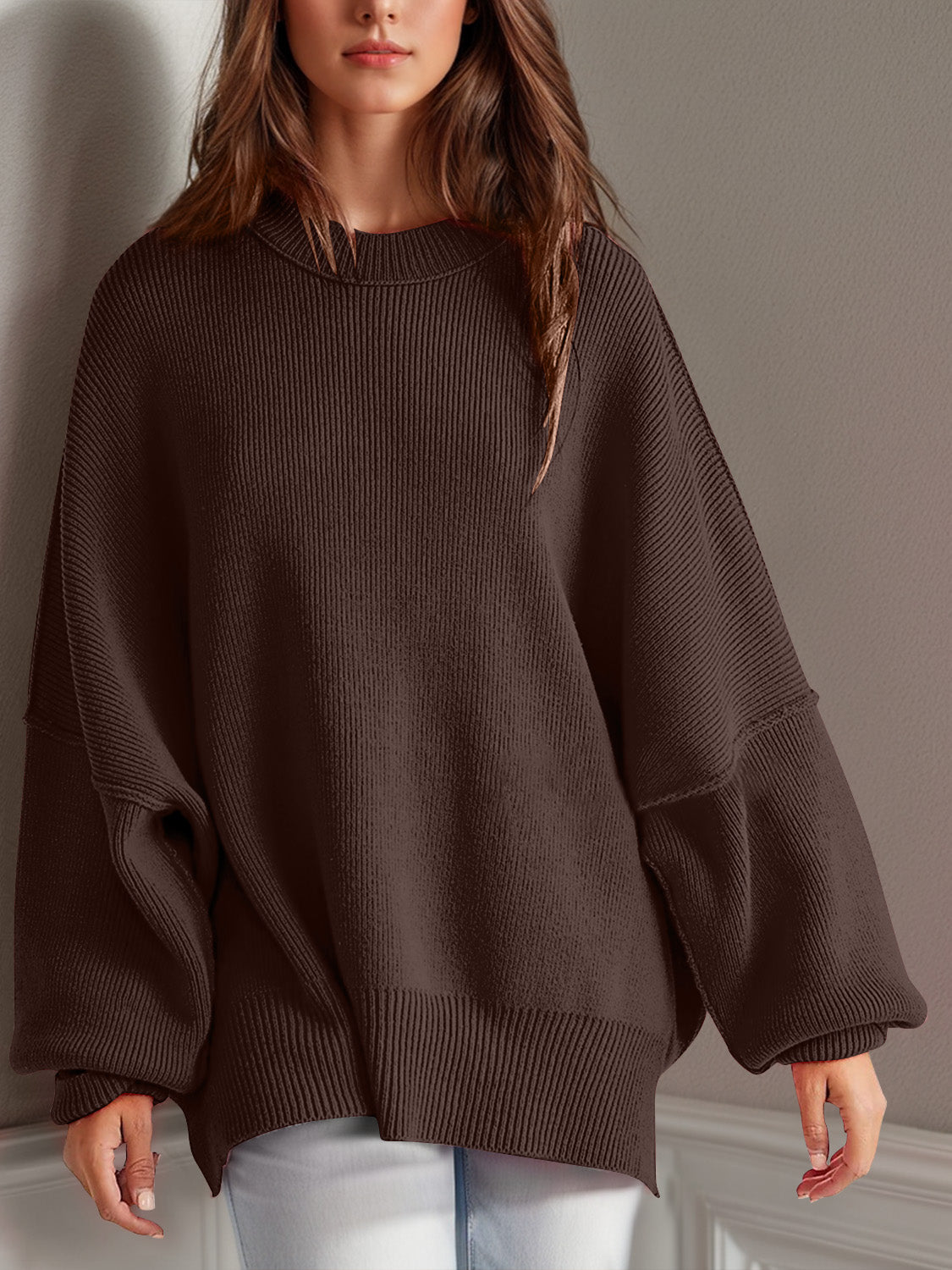 Emerson Double Take Side Slit Round Neck Long Sleeve Sweater