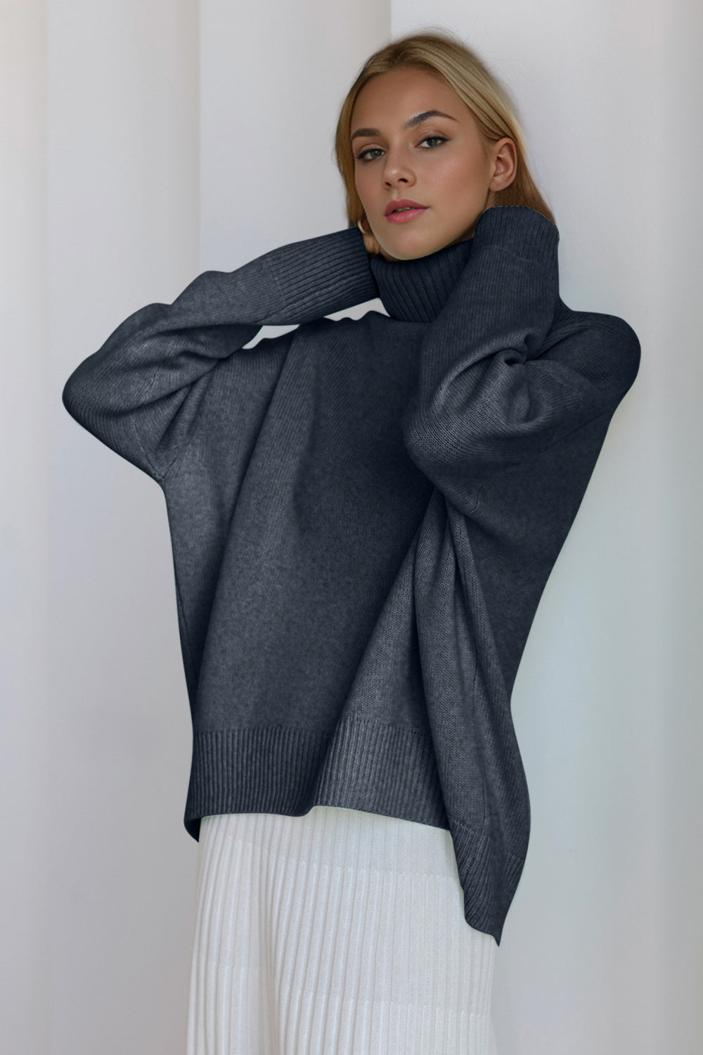 Cozy Bliss Turtleneck Dropped Shoulder Long Sleeve Sweater