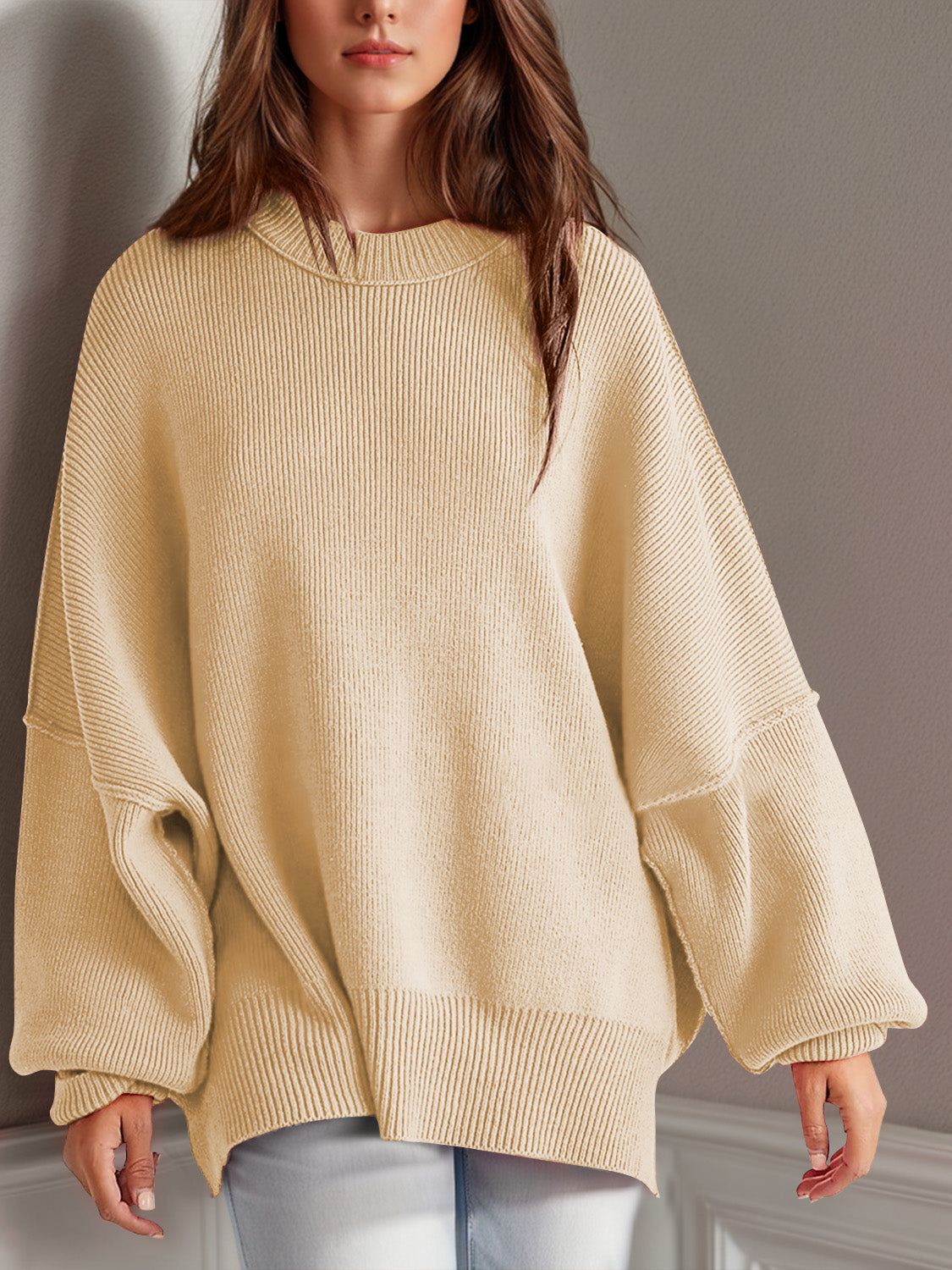 Emerson Double Take Side Slit Round Neck Long Sleeve Sweater