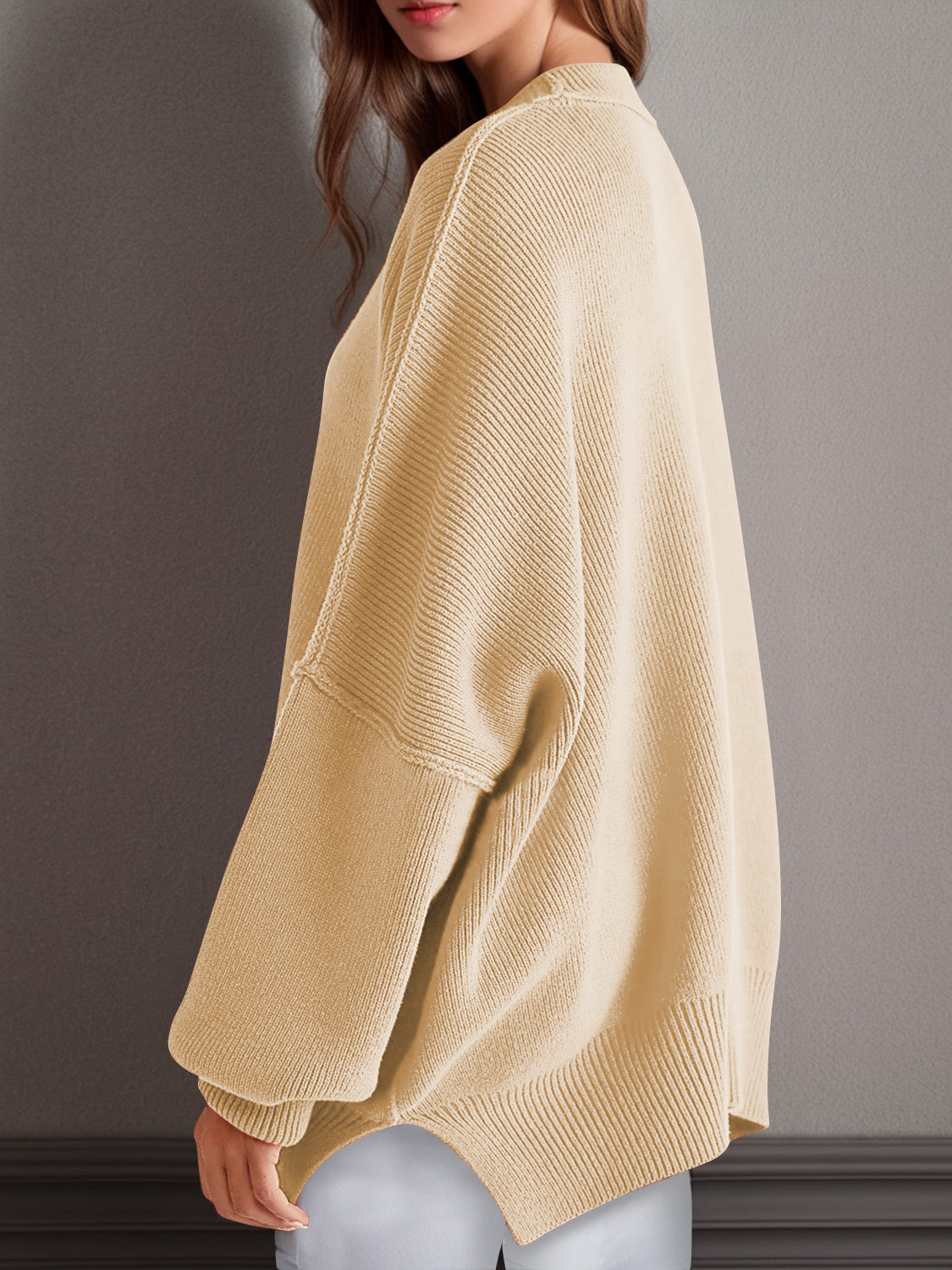 Emerson Double Take Side Slit Round Neck Long Sleeve Sweater