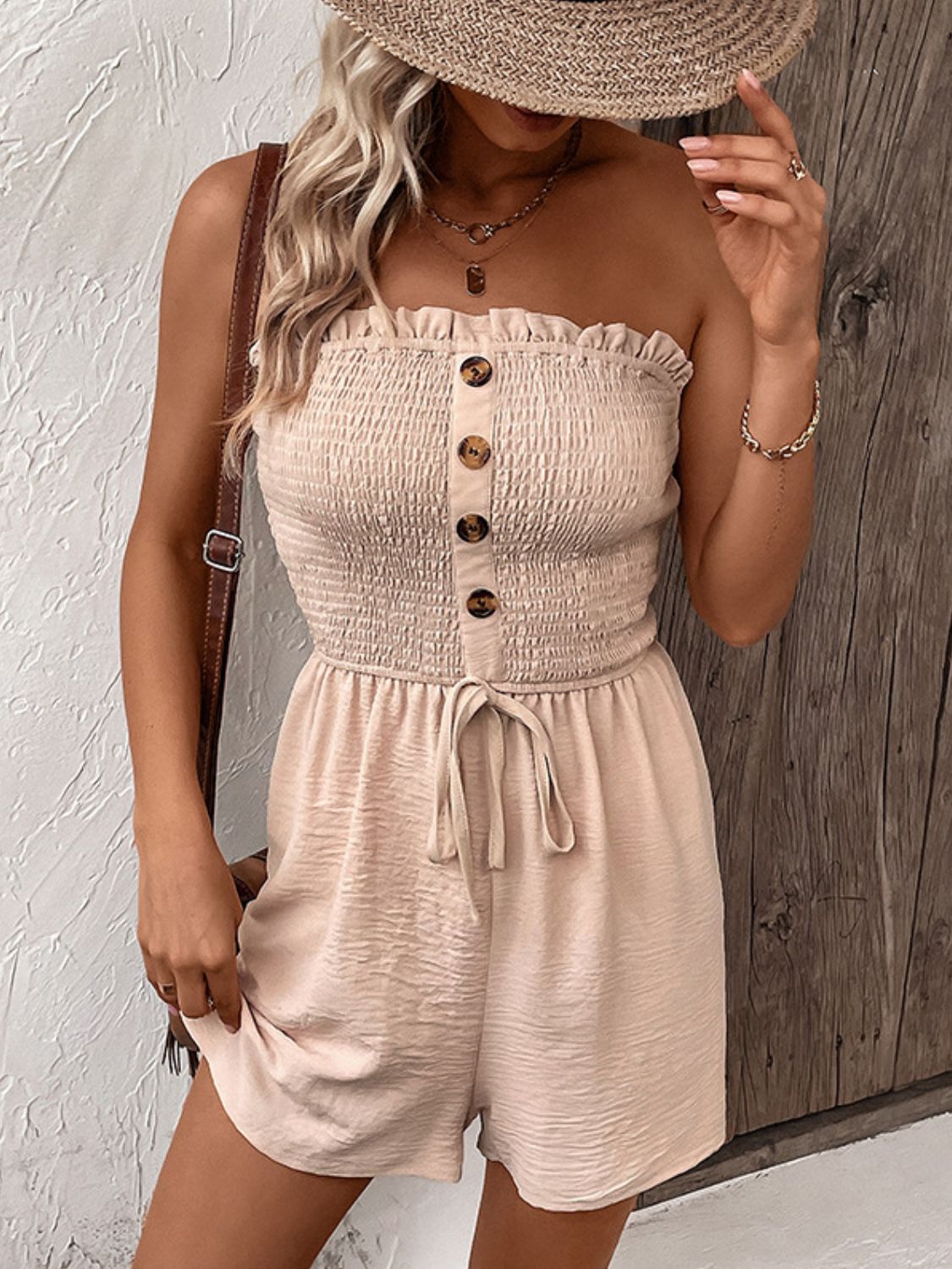 Gemma Decorative Button Smocked Strapless Romper