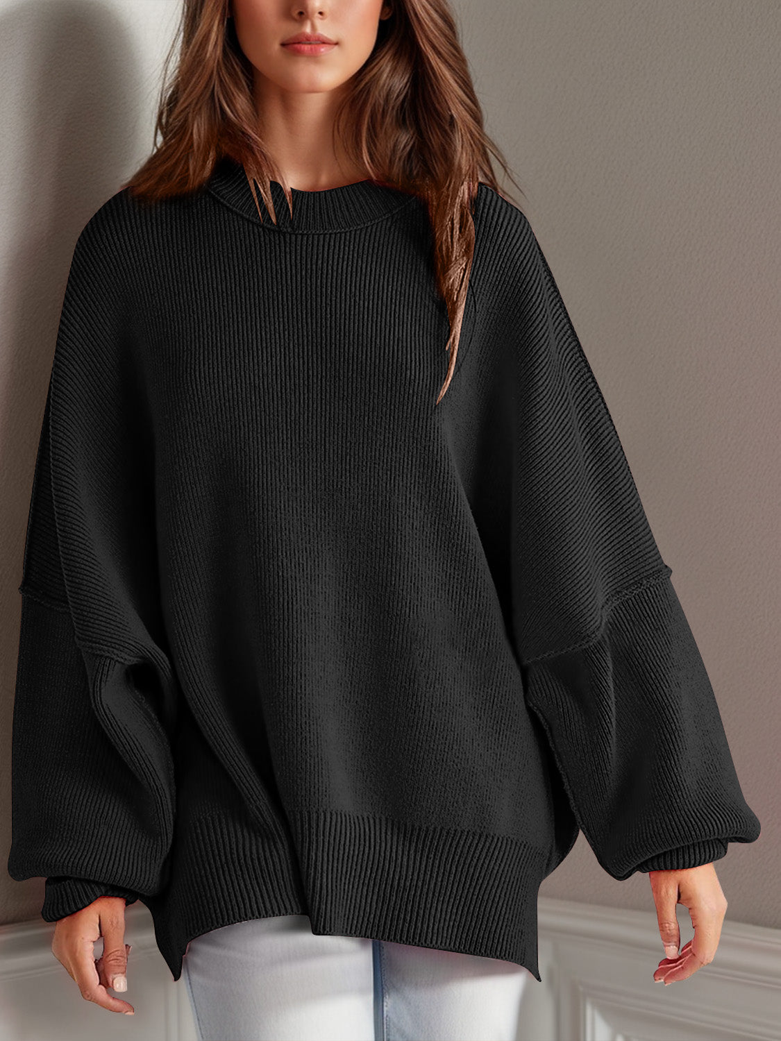 Emerson Double Take Side Slit Round Neck Long Sleeve Sweater