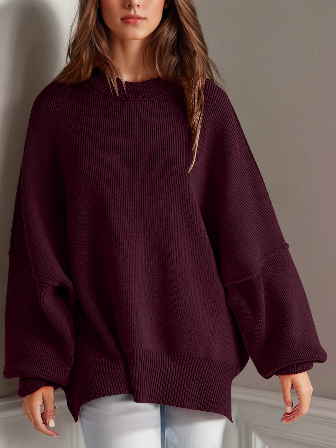 Emerson Double Take Side Slit Round Neck Long Sleeve Sweater