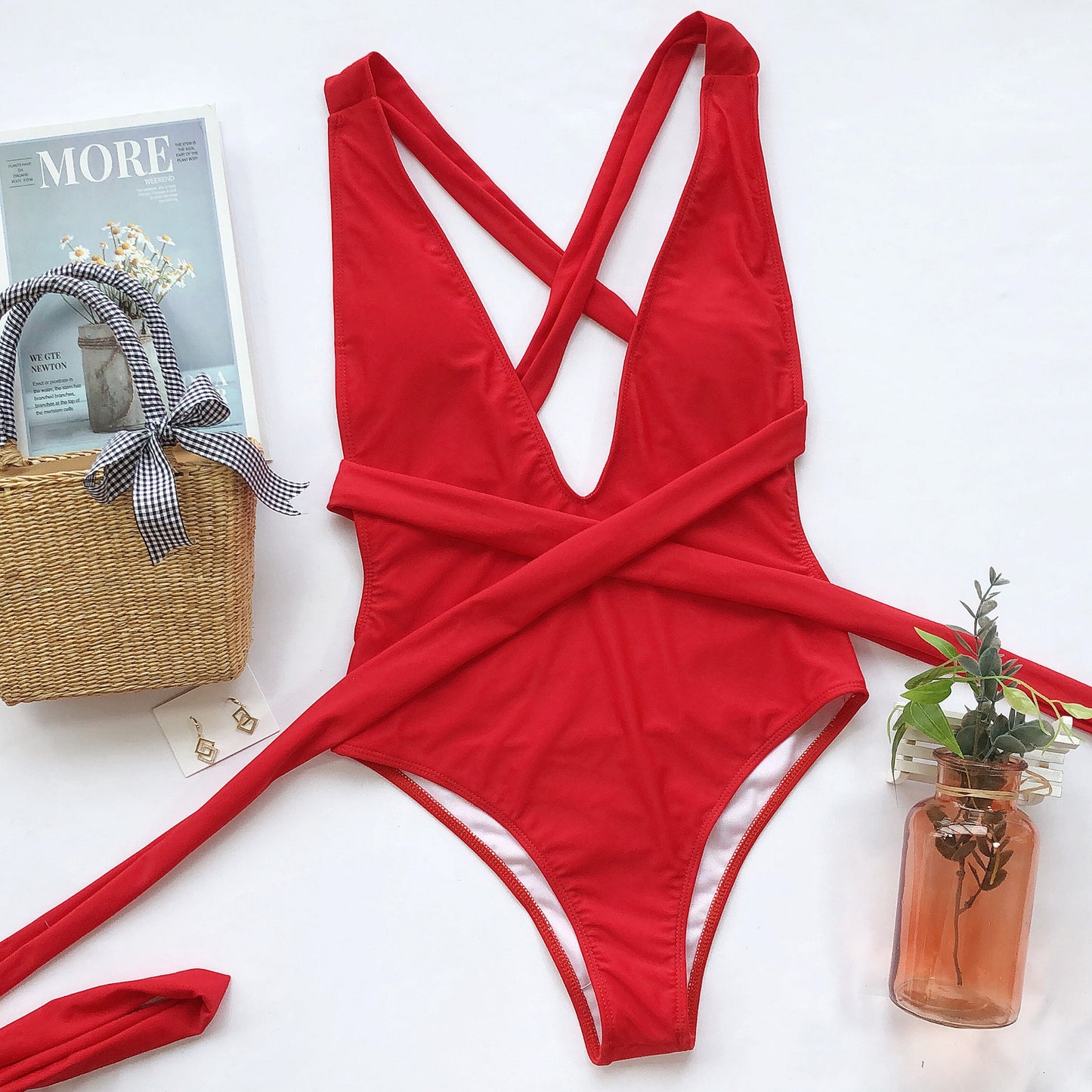 Quinta Halter Neck Deep V Tied One-Piece Swimsuit