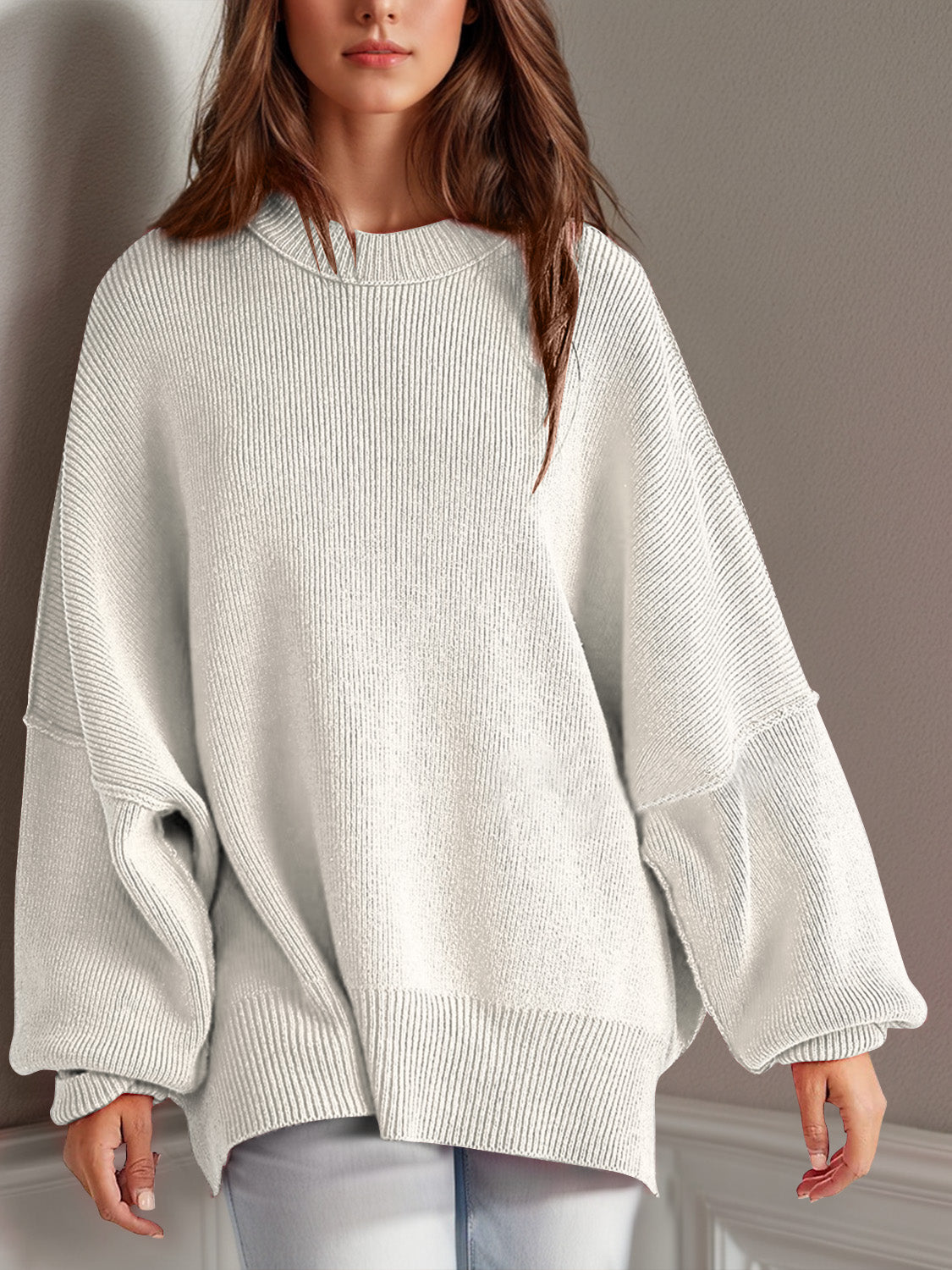 Emerson Double Take Side Slit Round Neck Long Sleeve Sweater