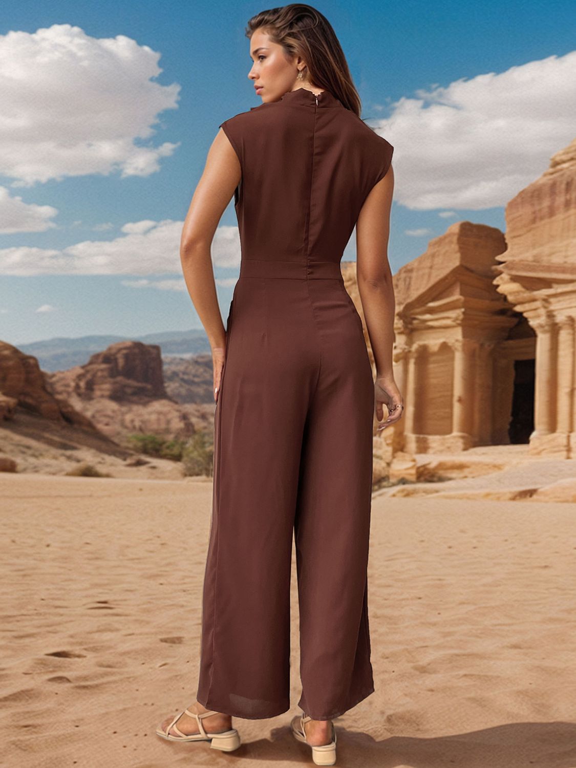 Elayna Ruched Mock Neck Sleeveless Jumpsuit