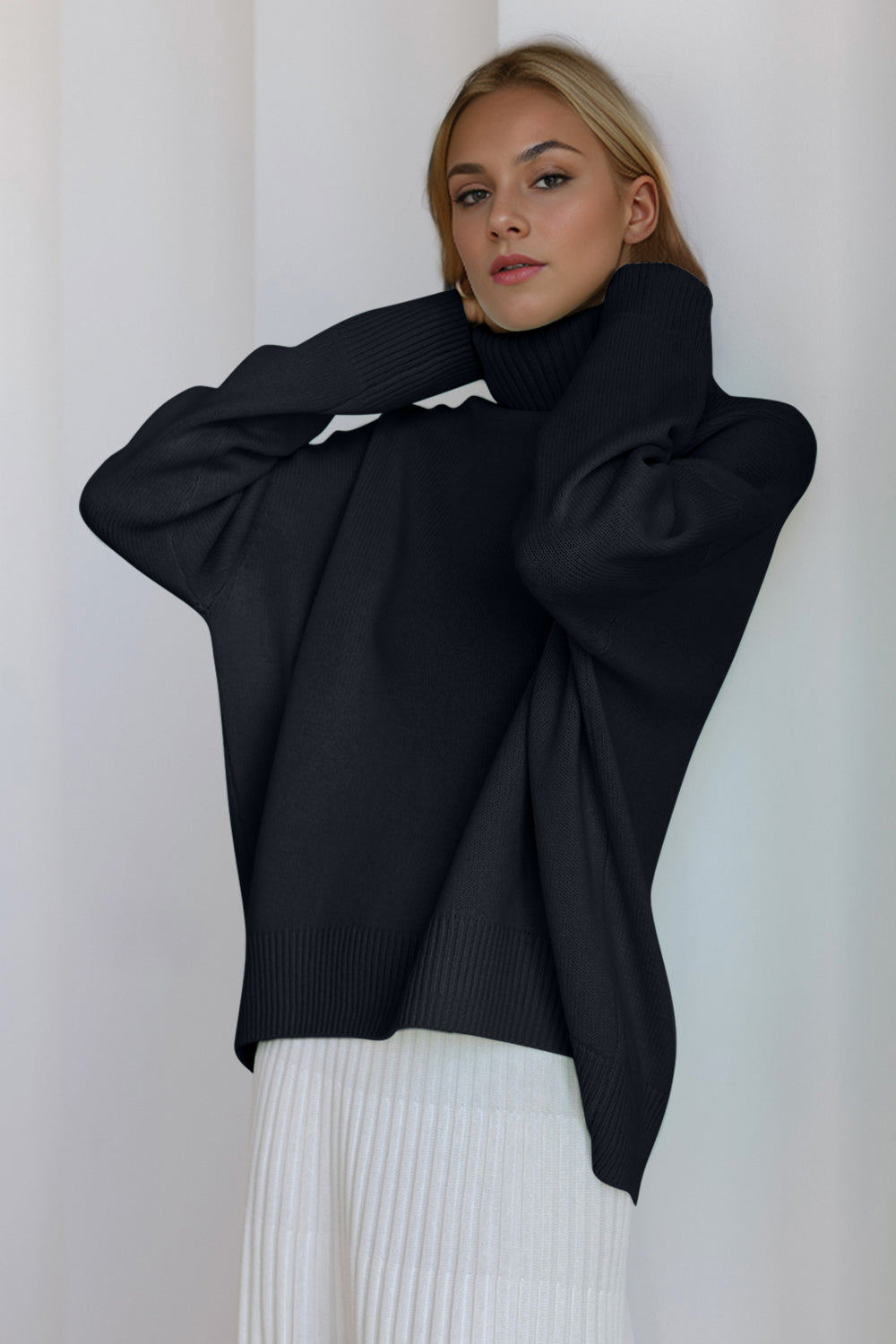 Cozy Bliss Turtleneck Dropped Shoulder Long Sleeve Sweater
