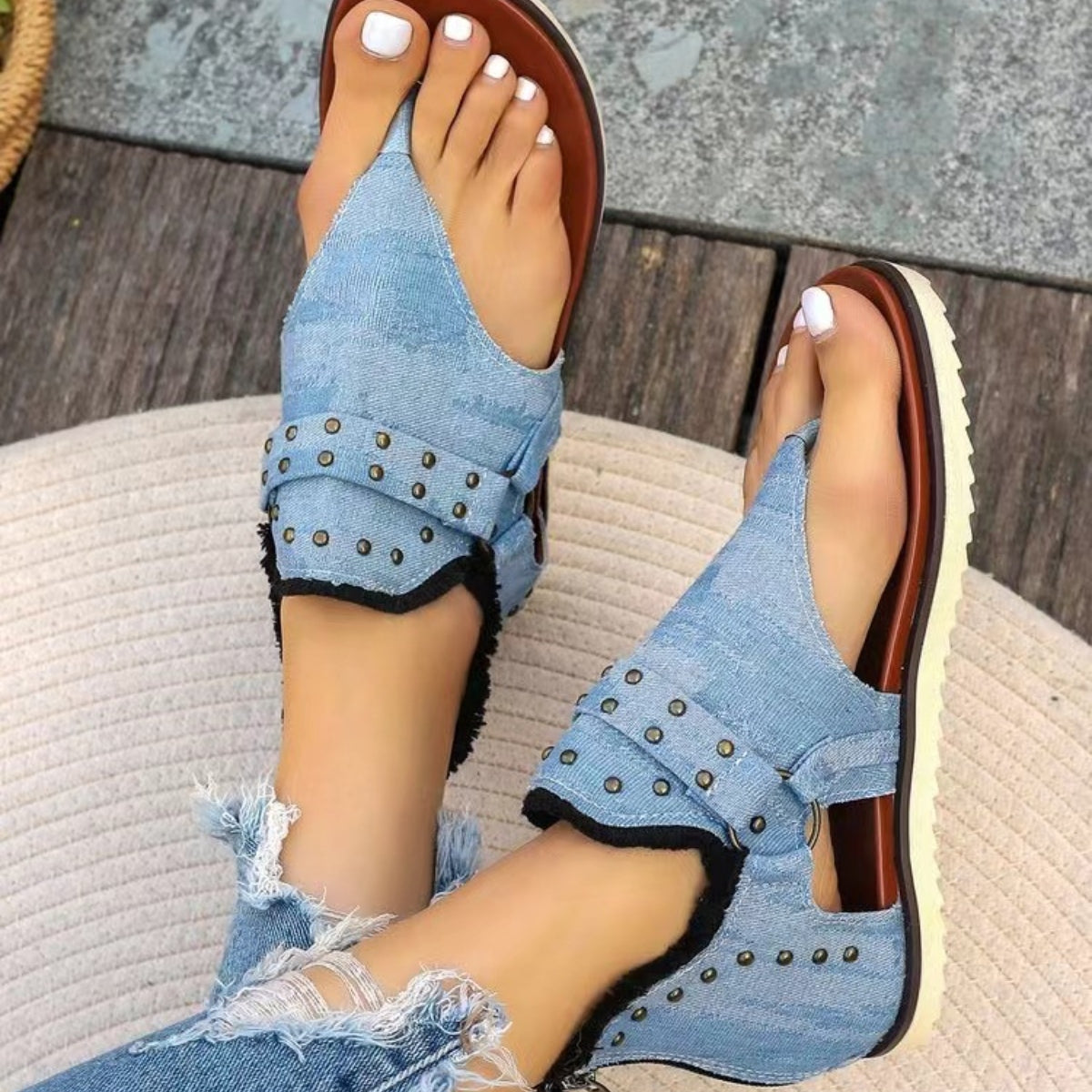 Jordan Studded Raw Hem Flat Sandals