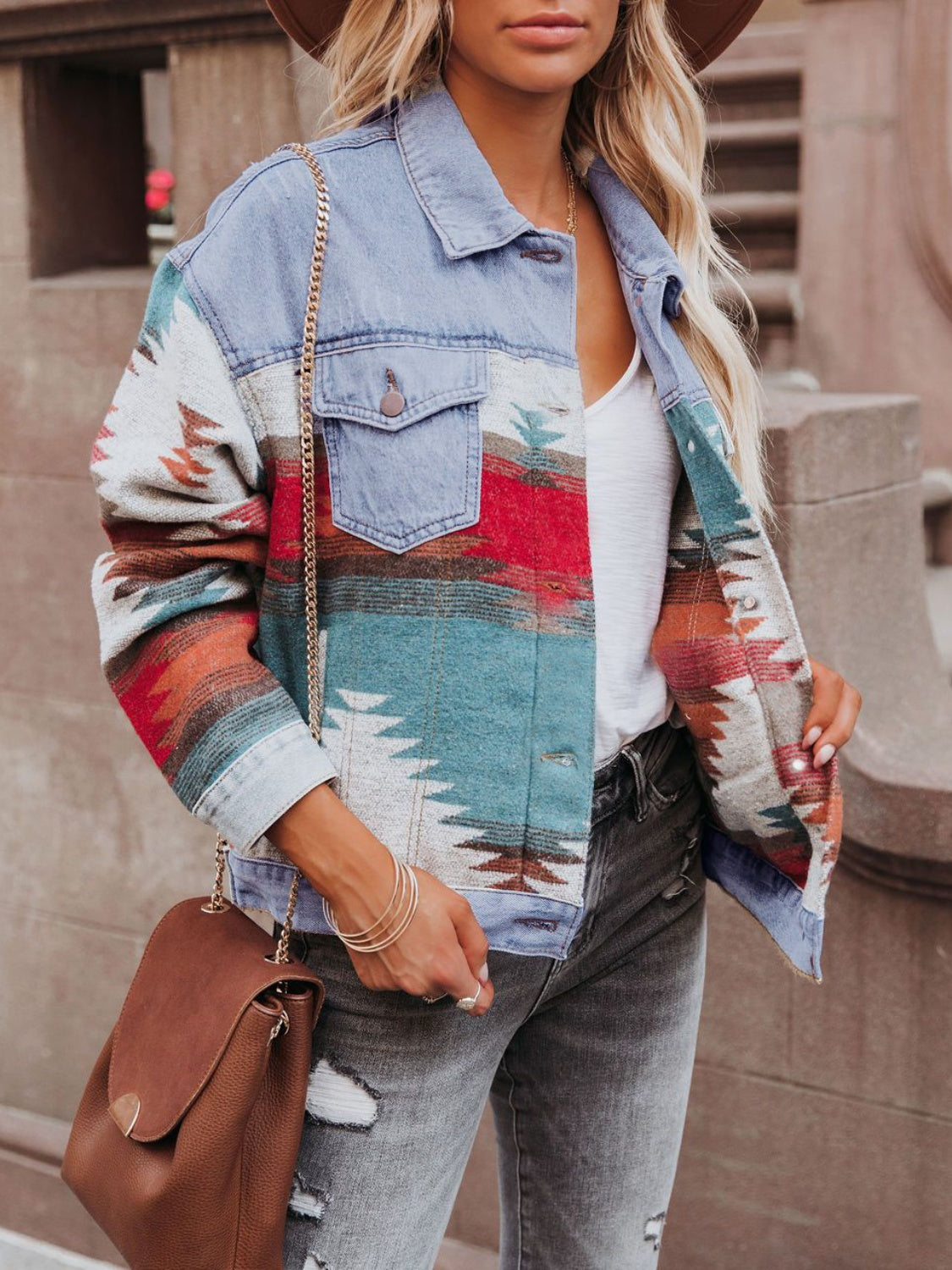 Tillie Geometric Button Up Long Sleeve Denim Jacket