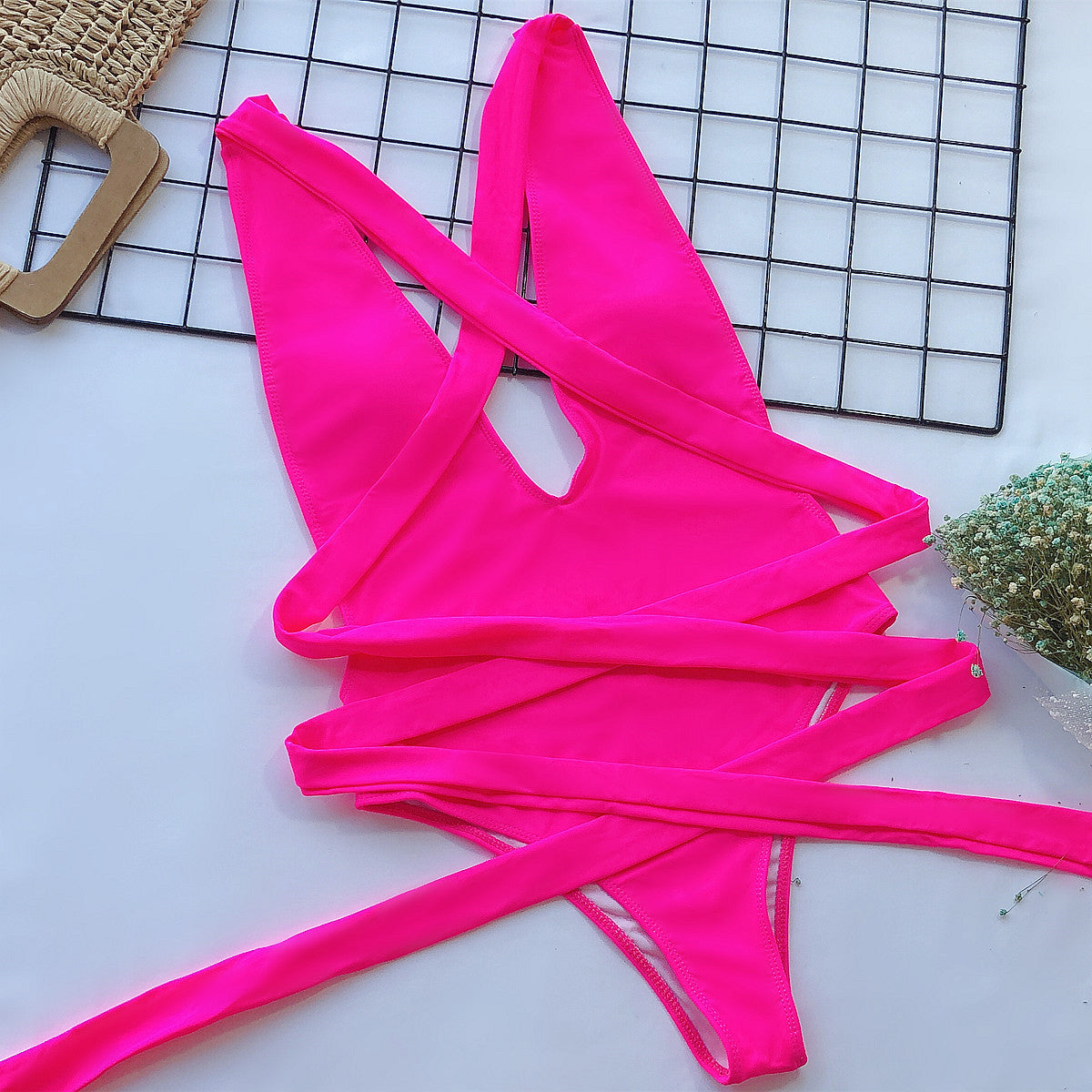 Quinta Halter Neck Deep V Tied One-Piece Swimsuit