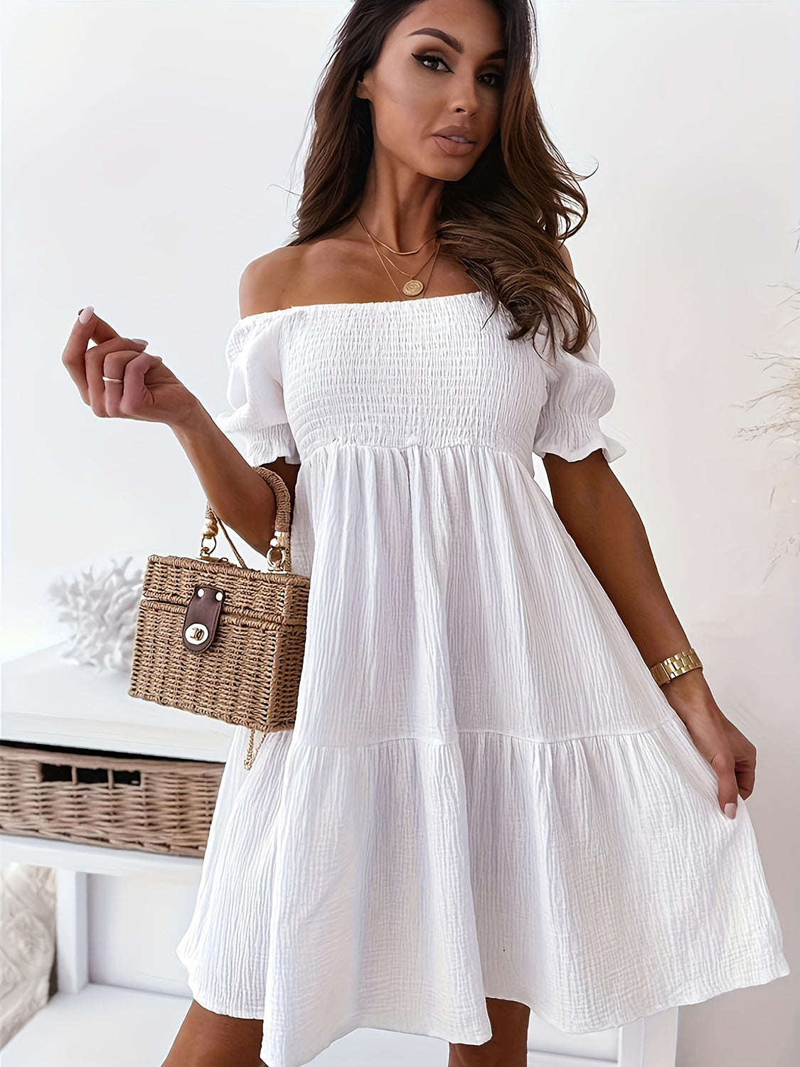 "Candance" Ruffled Off-Shoulder Short Sleeve Dress