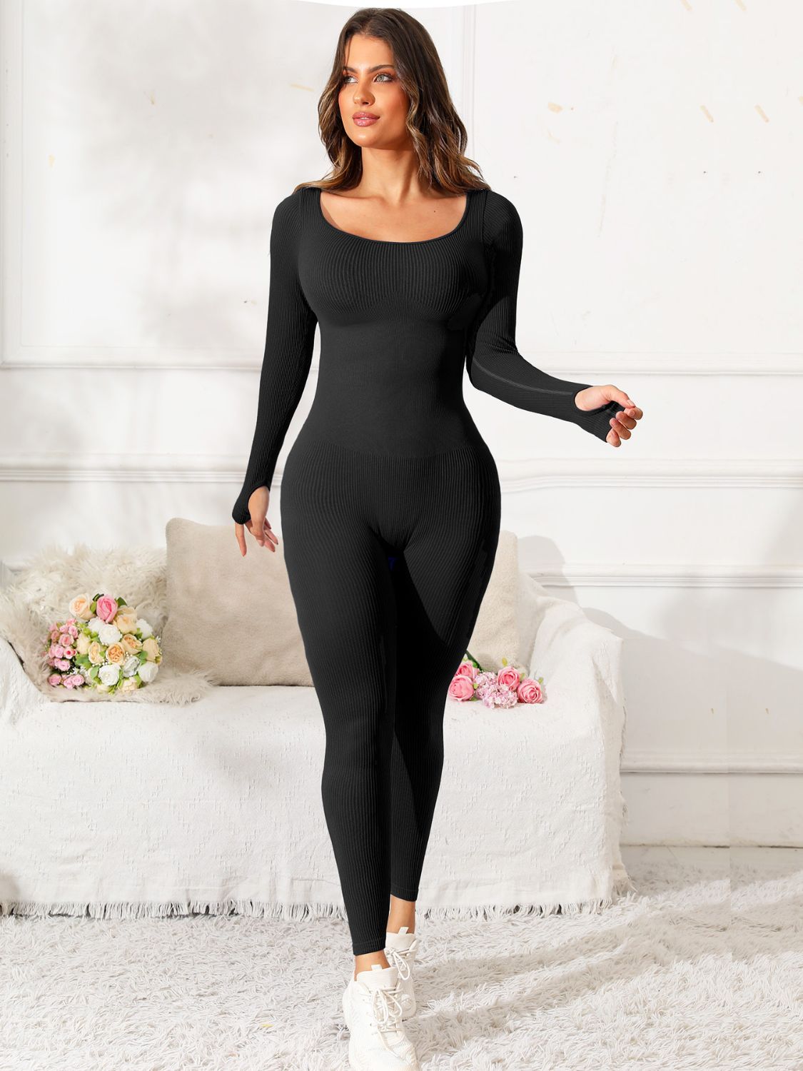 Oanez Scoop Neck Long Sleeve Active Jumpsuit