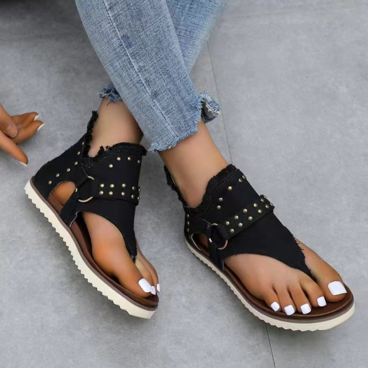 Jordan Studded Raw Hem Flat Sandals