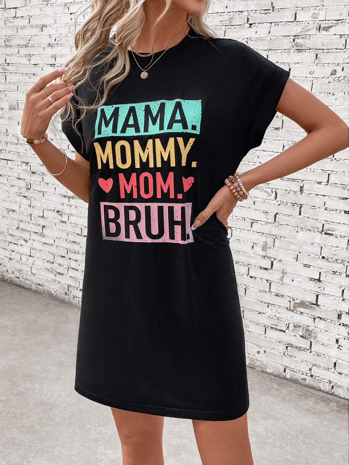 Mama, Mommy, Bruh! Letter Graphic Short Sleeve Mini Tee Dress