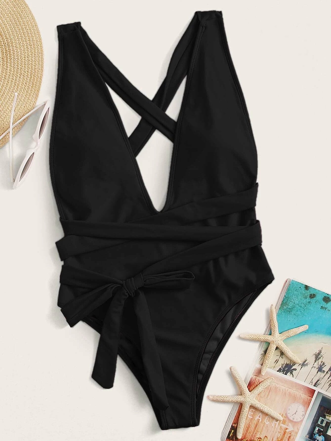 Quinta Halter Neck Deep V Tied One-Piece Swimsuit