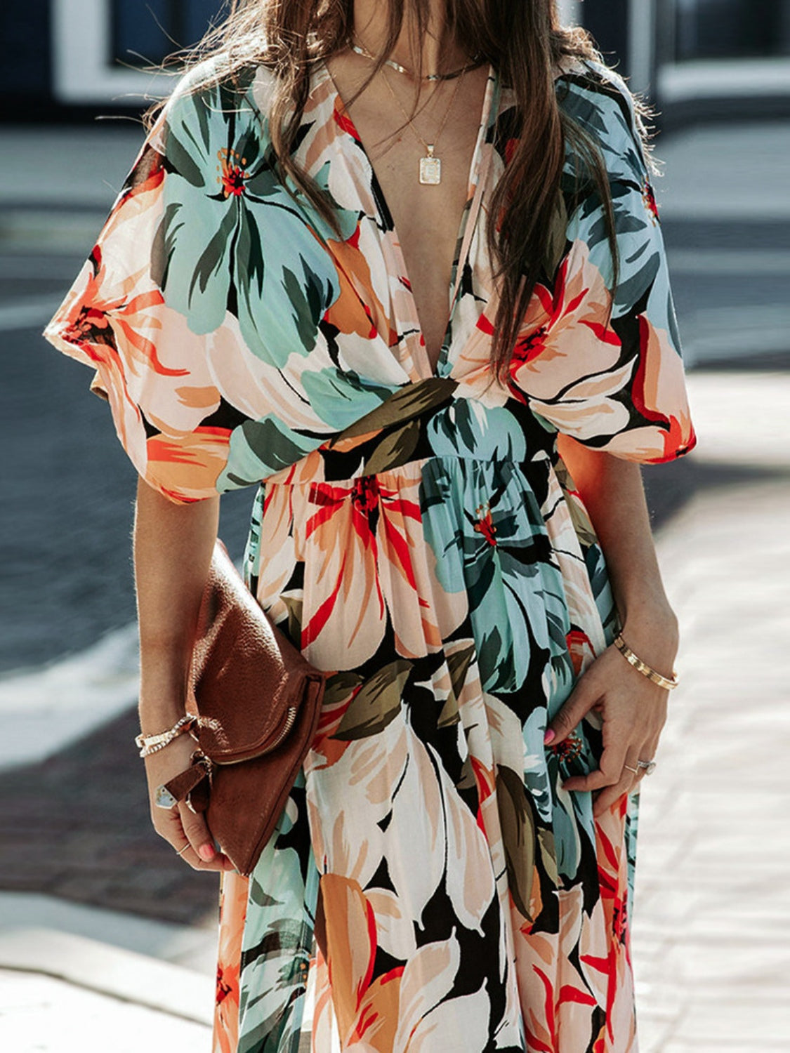 Cammie Floral Plunge Half Sleeve Dress