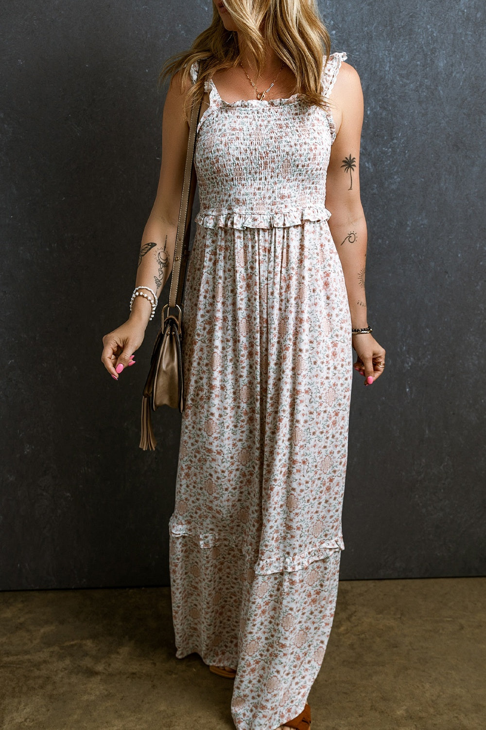 Rosalie Ruffled Smocked Printed Sleeveless Maxi Dress