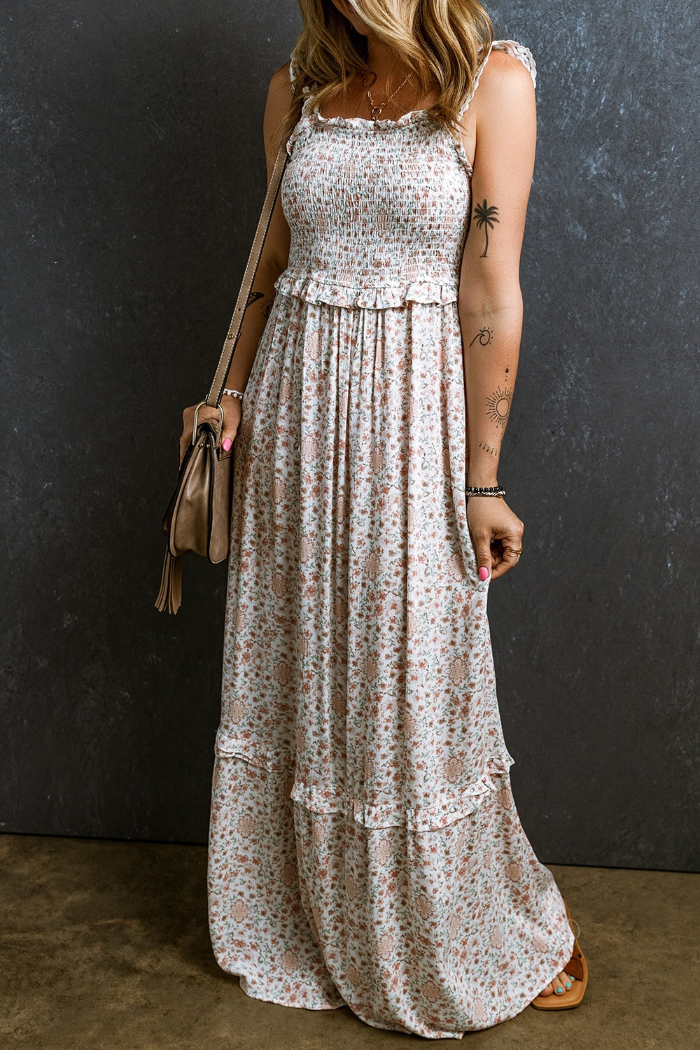 Rosalie Ruffled Smocked Printed Sleeveless Maxi Dress